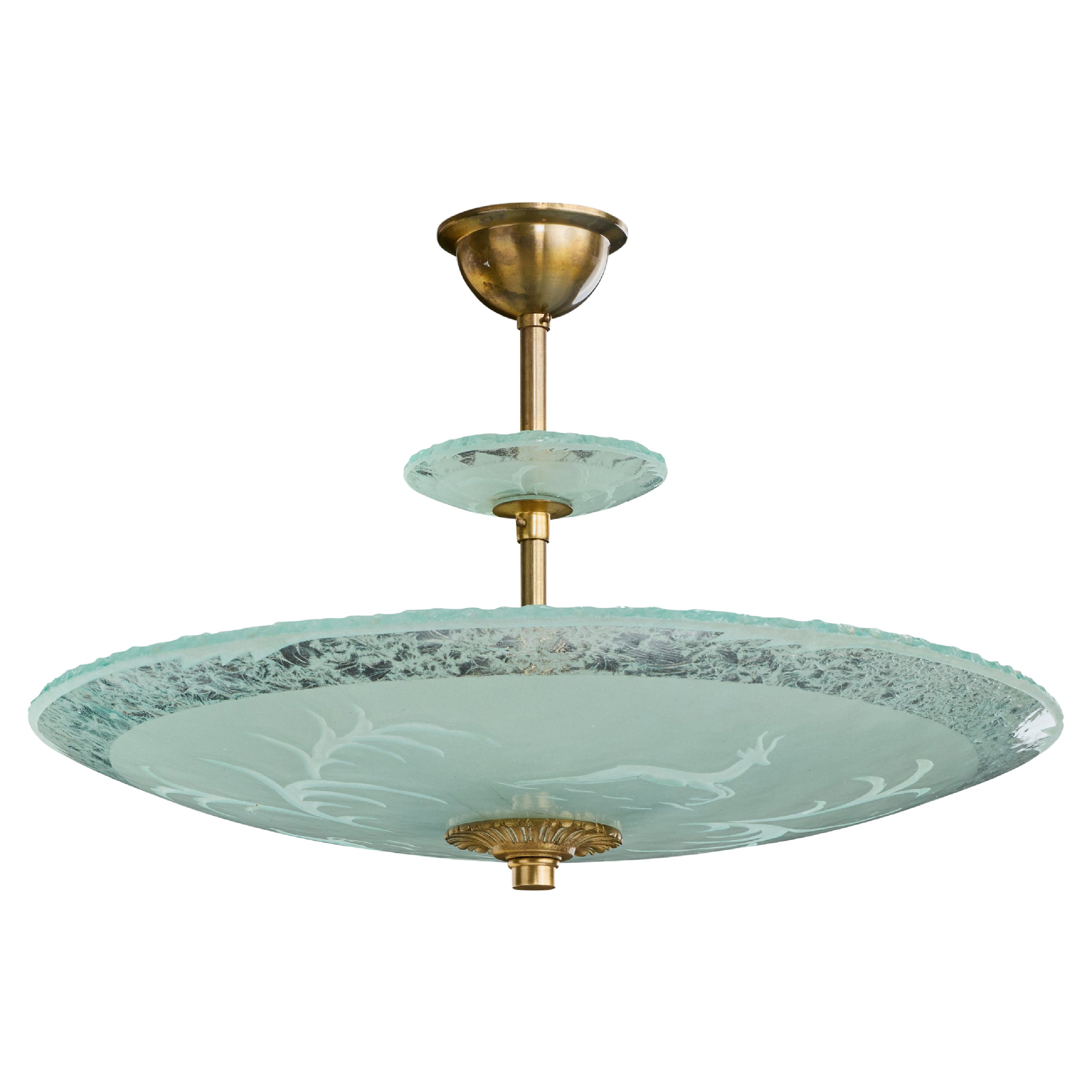 Swedish Designer, Pendant Light, Glass, Brass, Sweden, 1940s