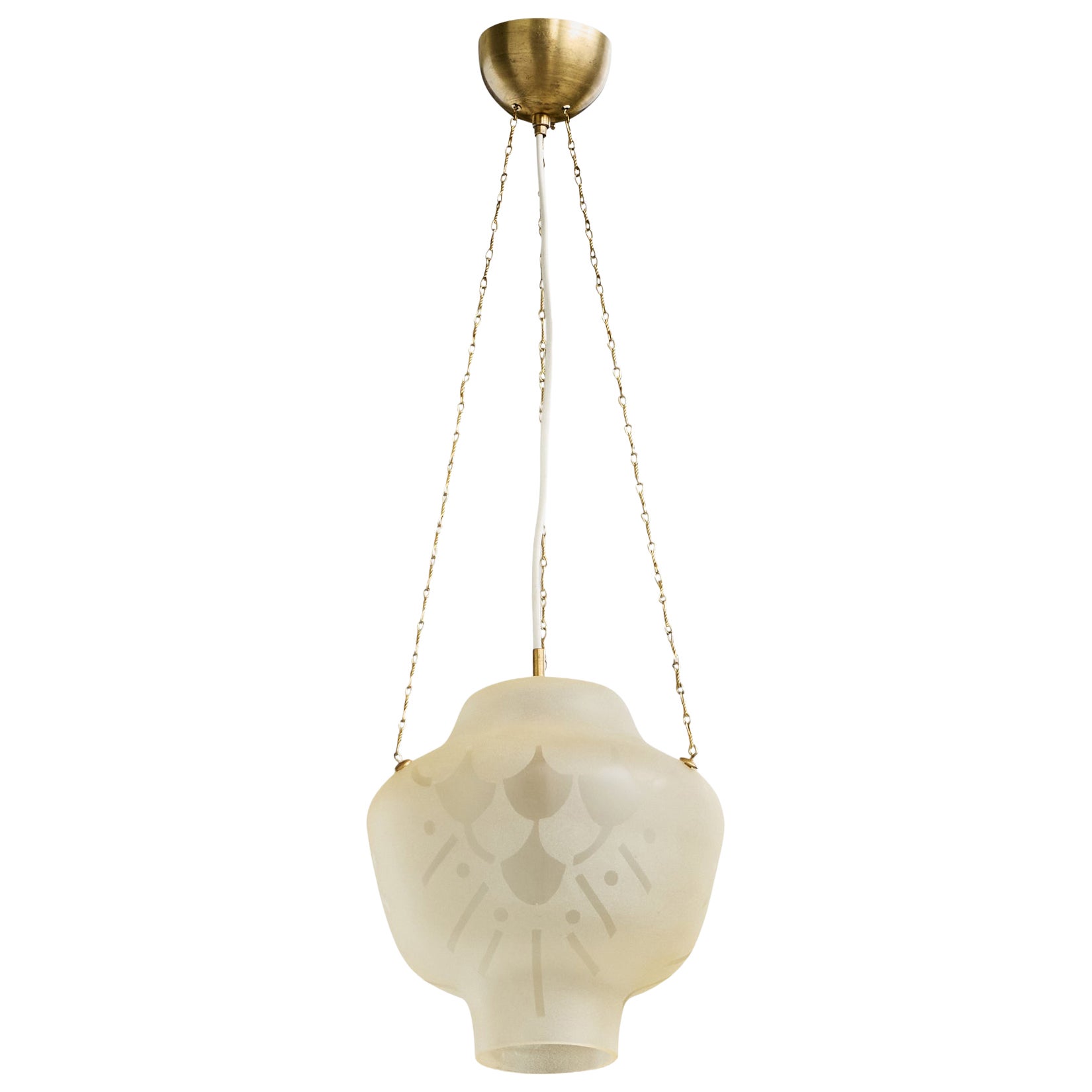 Swedish Designer, Pendant Light, Glass, Brass, Sweden, 1940s For Sale