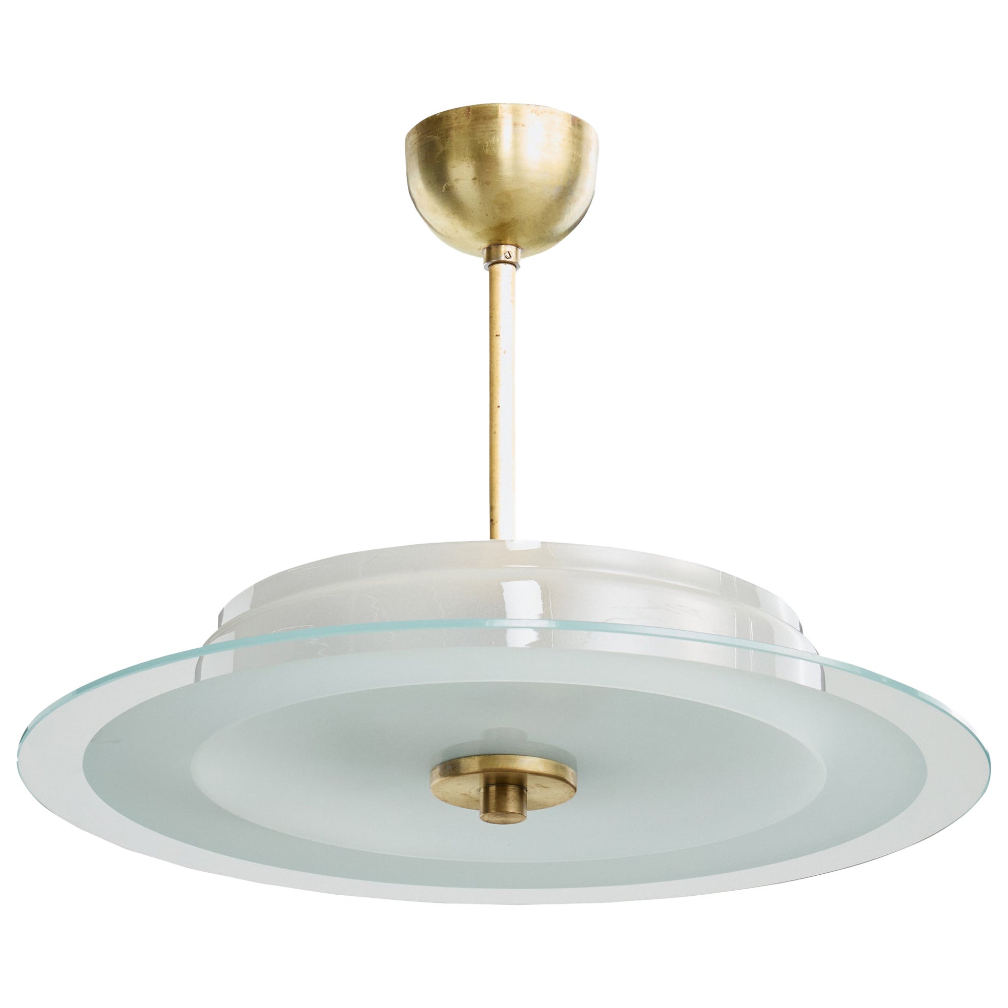 Swedish Designer, Pendant Light, Glass, Brass, Sweden, 1940s For Sale