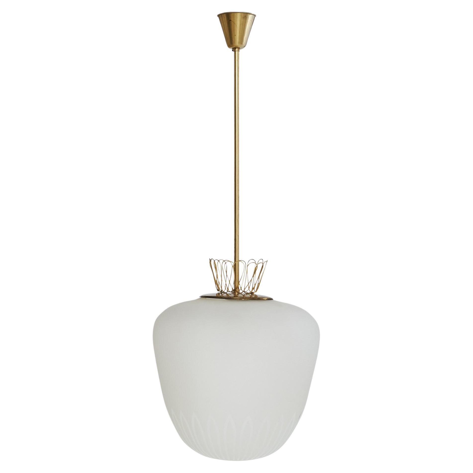 Swedish Designer, Pendant Light, Glass, Brass, Sweden, 1940s