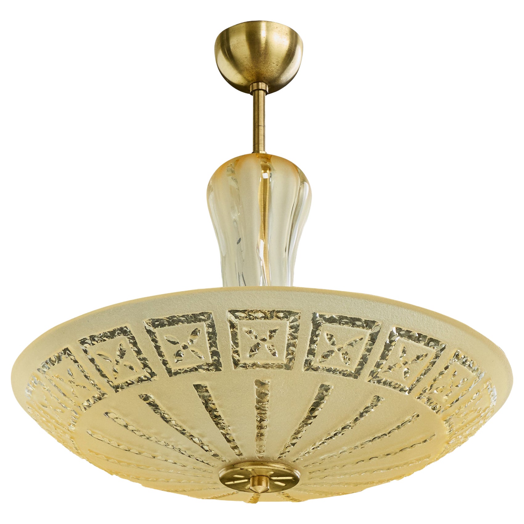 Swedish Designer, Pendant Light, Glass, Brass, Sweden, 1950s