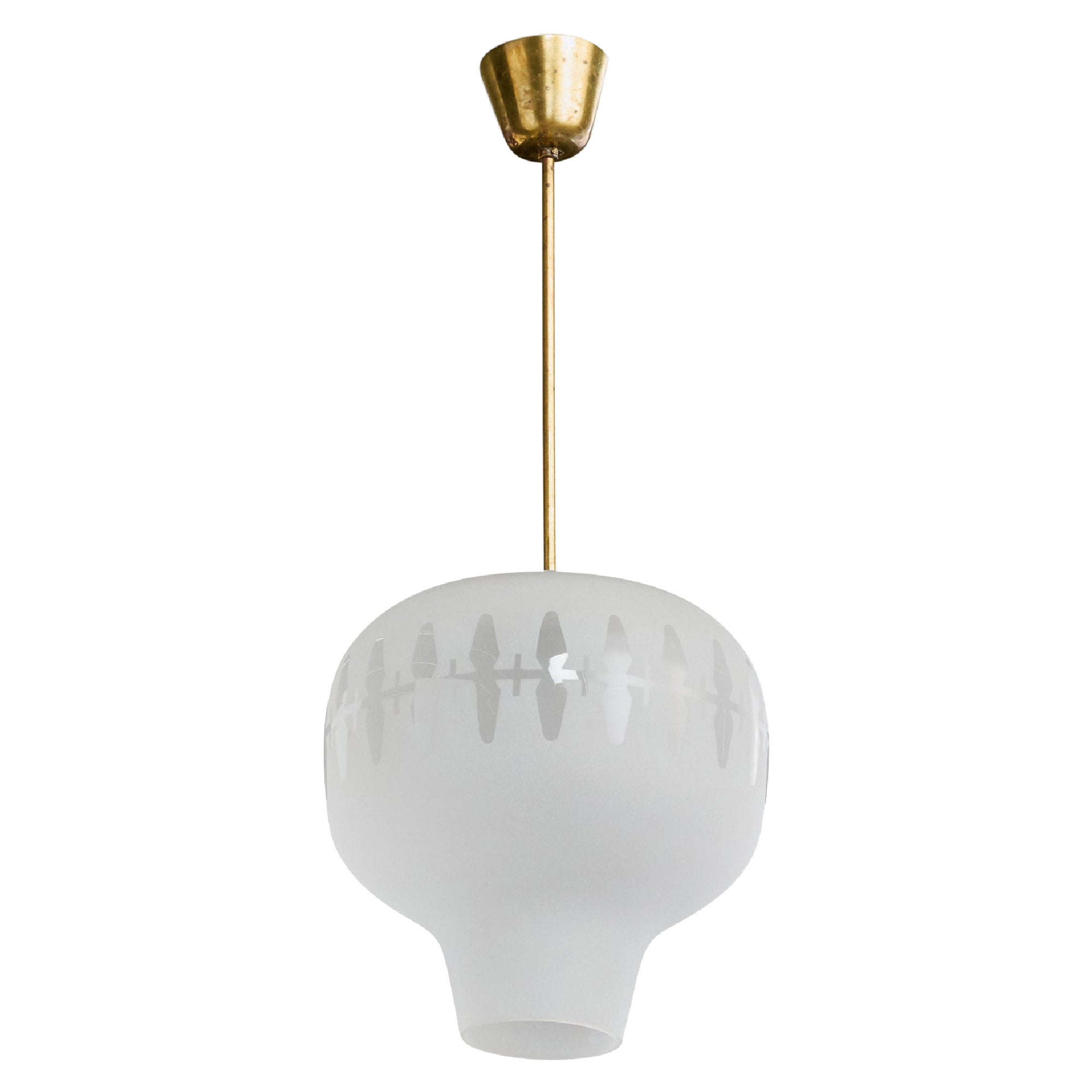 Swedish Designer, Pendant Light, Glass, Brass, Sweden, 1950s