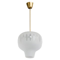 Swedish Designer, Pendant Light, Glass, Brass, Sweden, 1950s