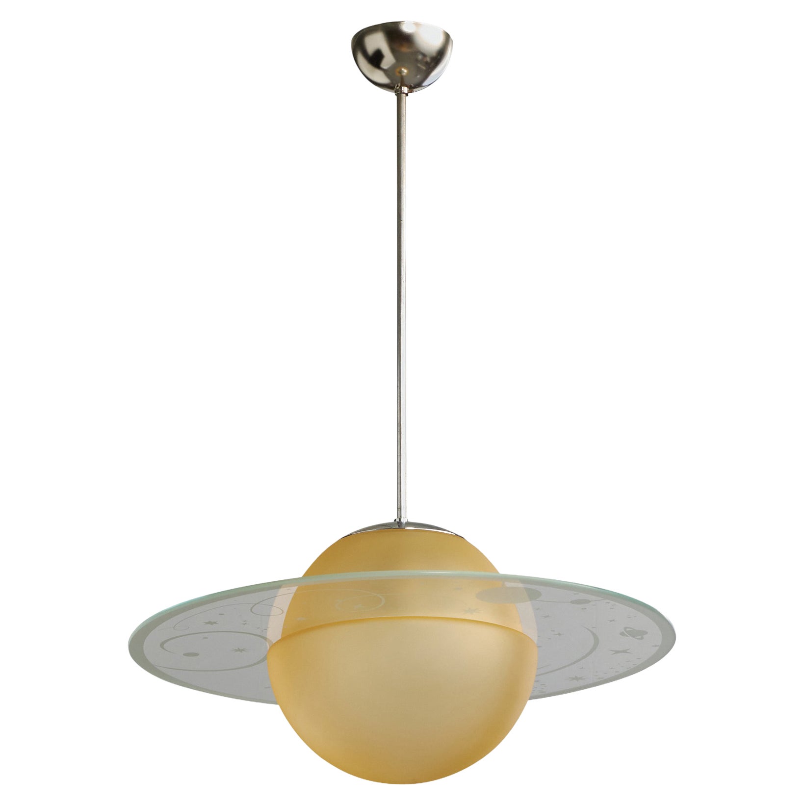 Schwedischer Designer, Pendelleuchte, Glas, Chrom, Schweden, 1940er Jahre
