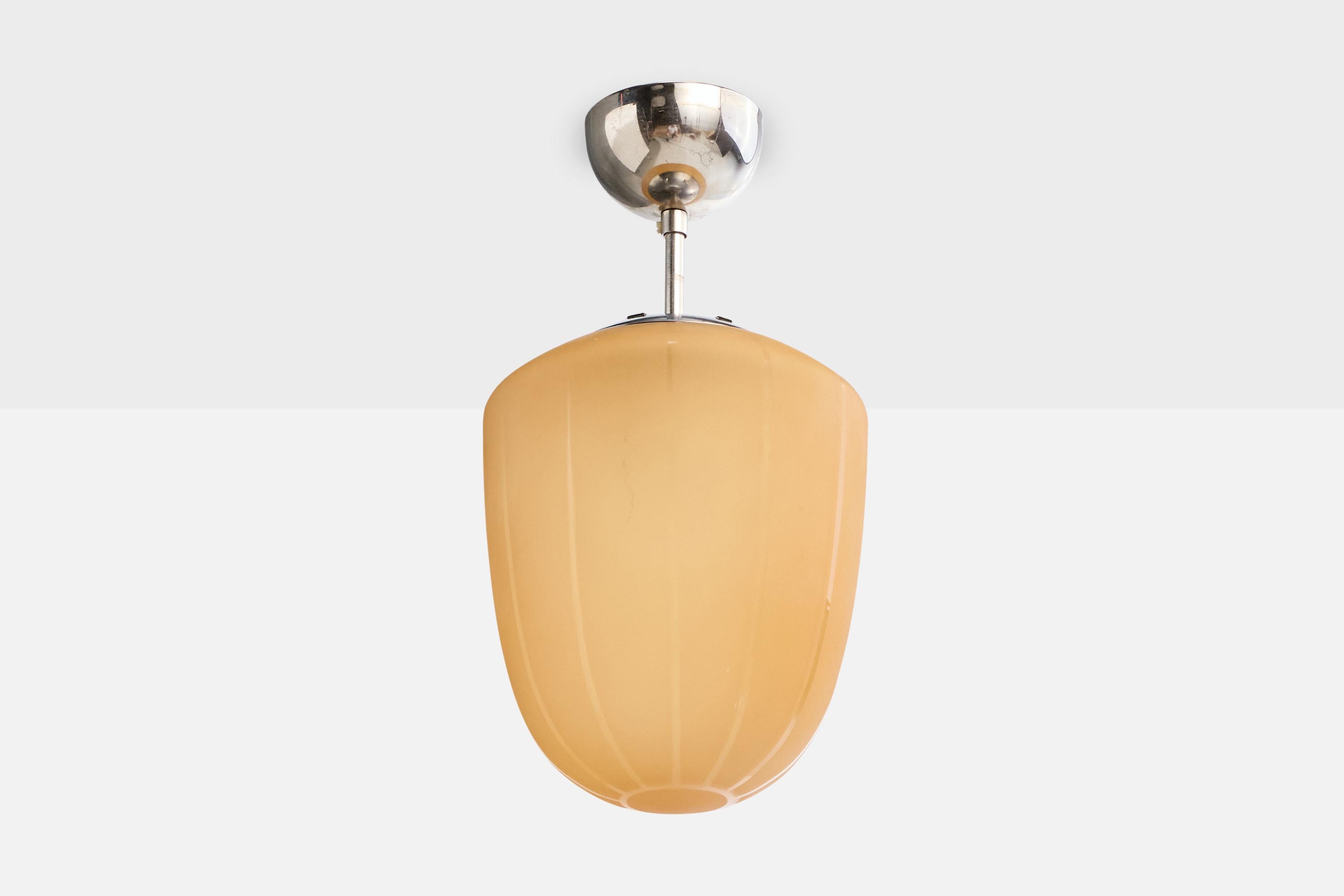 Lampada a sospensione in vetro arancione acidato e nichel progettata e prodotta in Svezia, anni '30 circa.

Dimensioni complessive (pollici): 14,5 