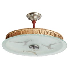 Swedish Designer, Pendant Light, Glass, Parchment, Brass, Chrome, Sweden, 1930s