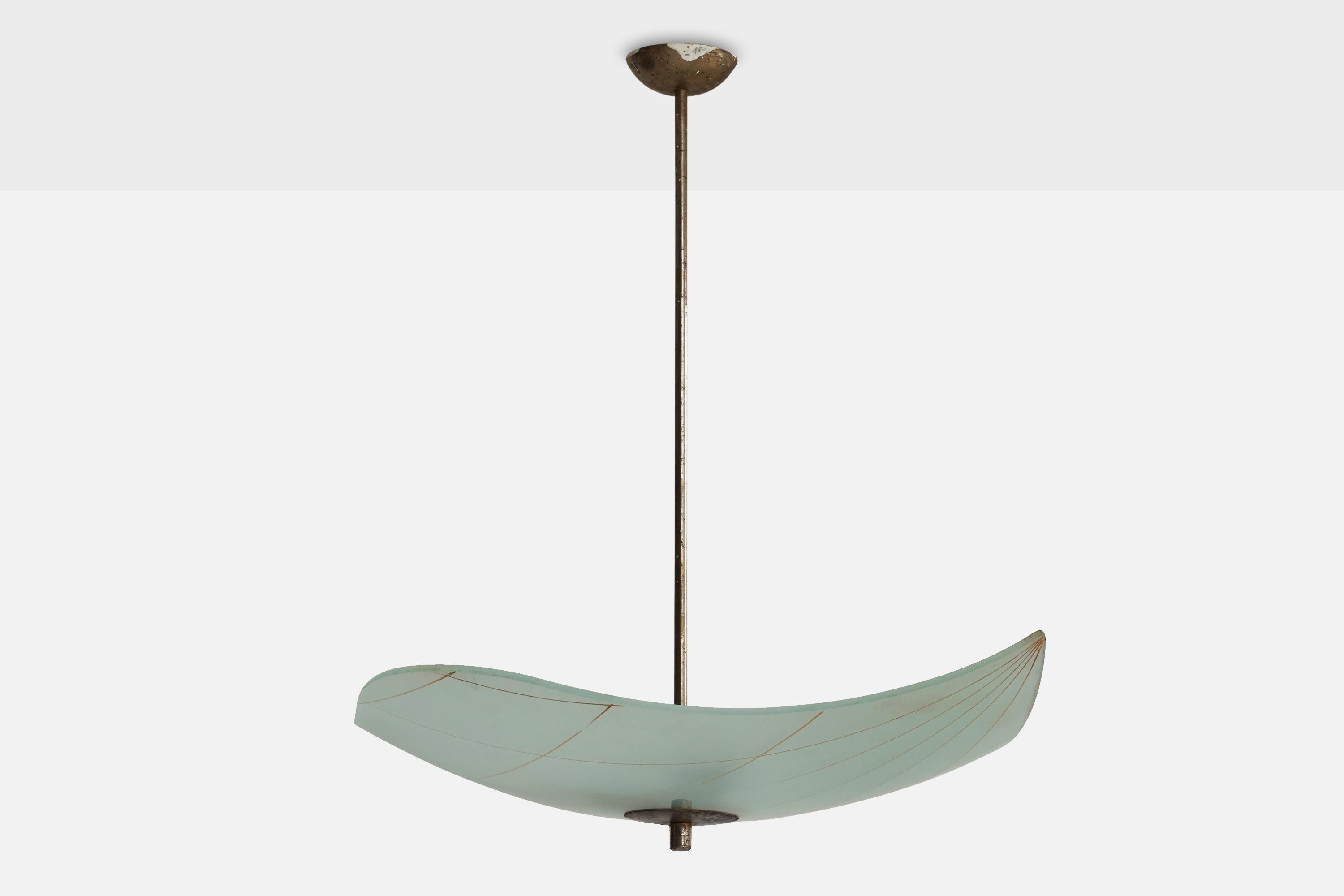 A steel and etched glass pendant light designed and produced in Sweden, 1940s.

Dimensions of canopy (inches): 1.1” H x 3.5” Diameter
Socket takes standard E-26 bulbs. 3 sockets.There is no maximum wattage stated on the fixture. All lighting will be