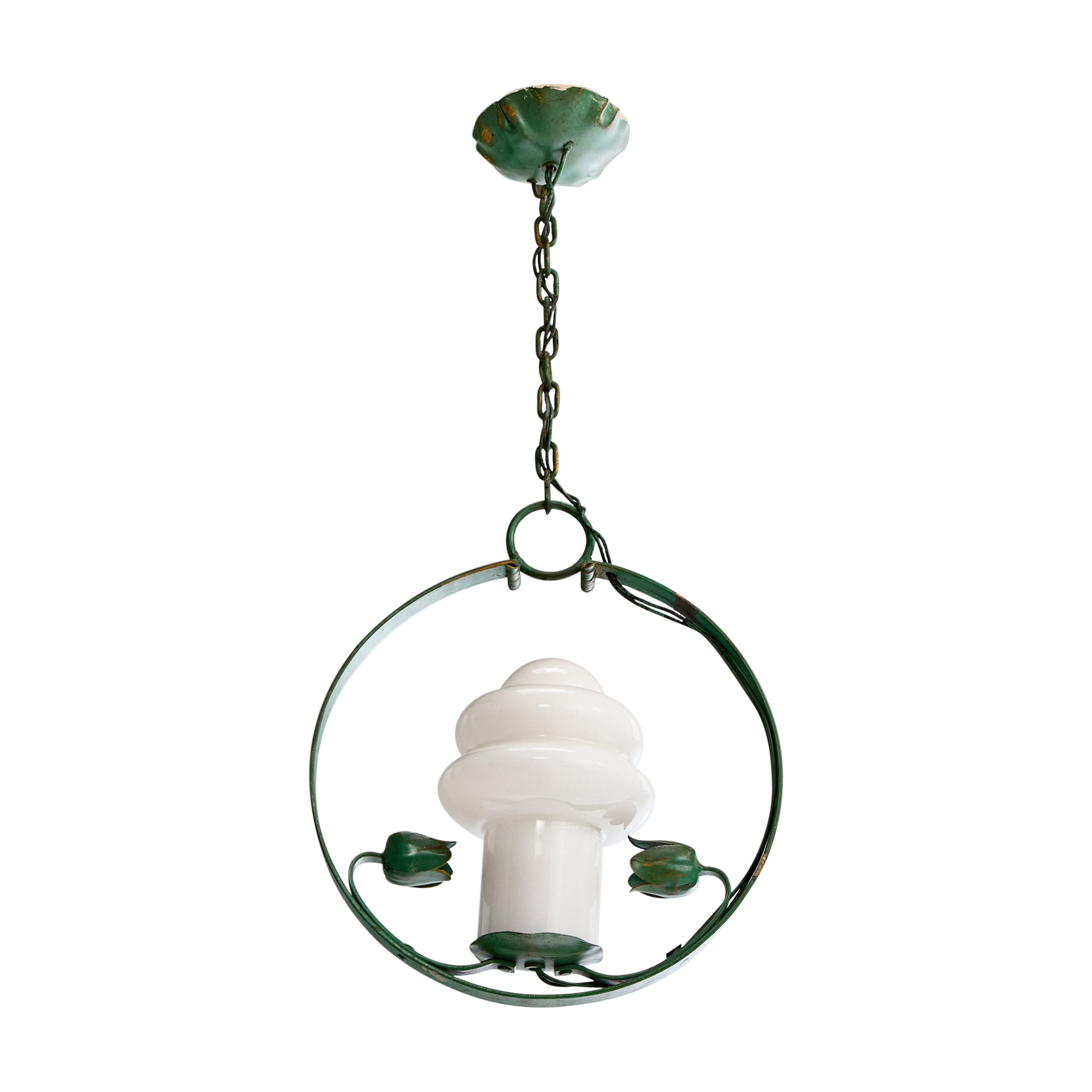 Designer suédois, lampe suspendue, fer, verre, Suède, années 1940 en vente
