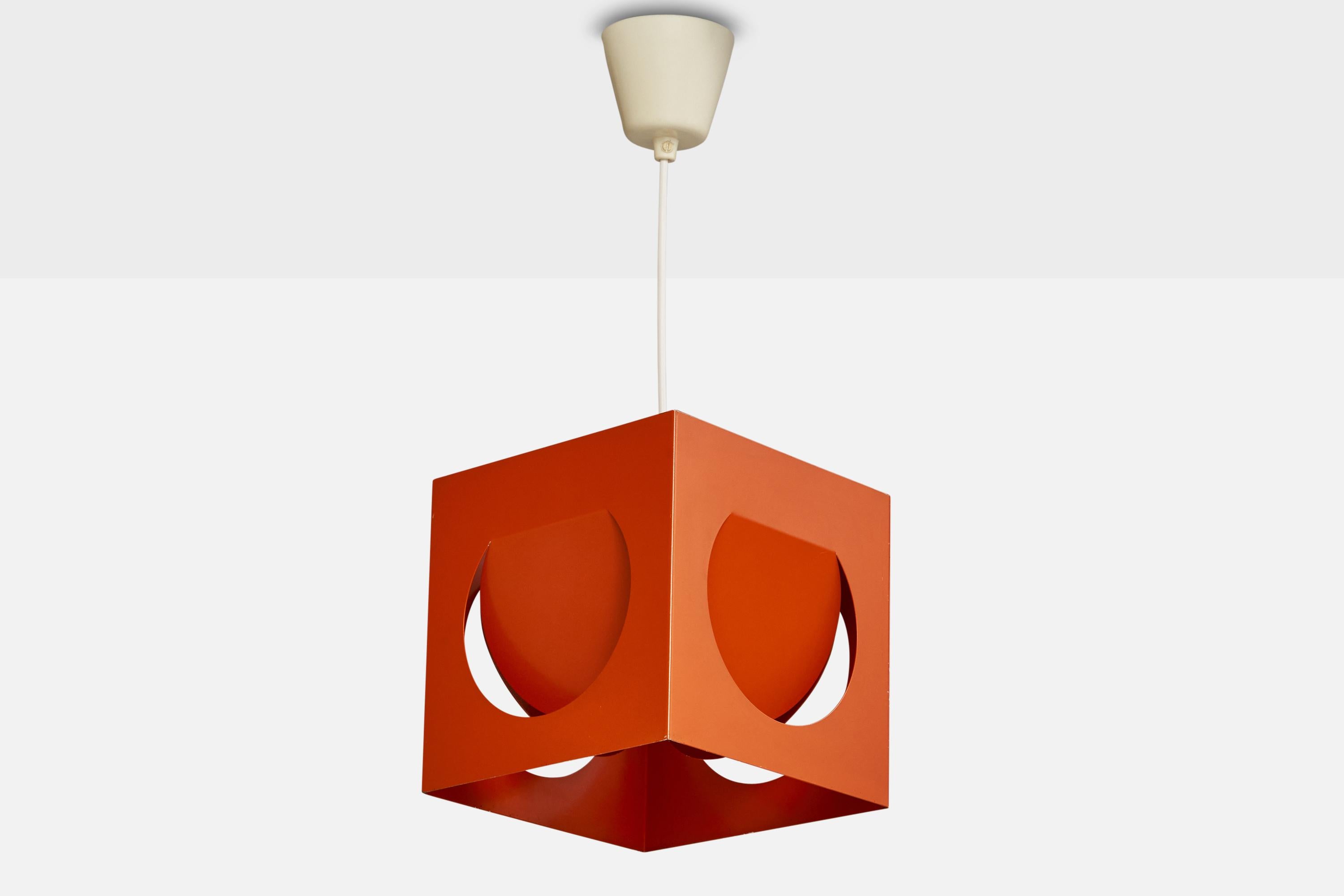 A red-lacquered metal pendant light designed and produced in Sweden, 1970s.

Dimensions of canopy (inches): 2.75” H x 3.5”  Diameter
Socket takes standard E-26 bulbs. 1 socket.There is no maximum wattage stated on the fixture. All lighting will be