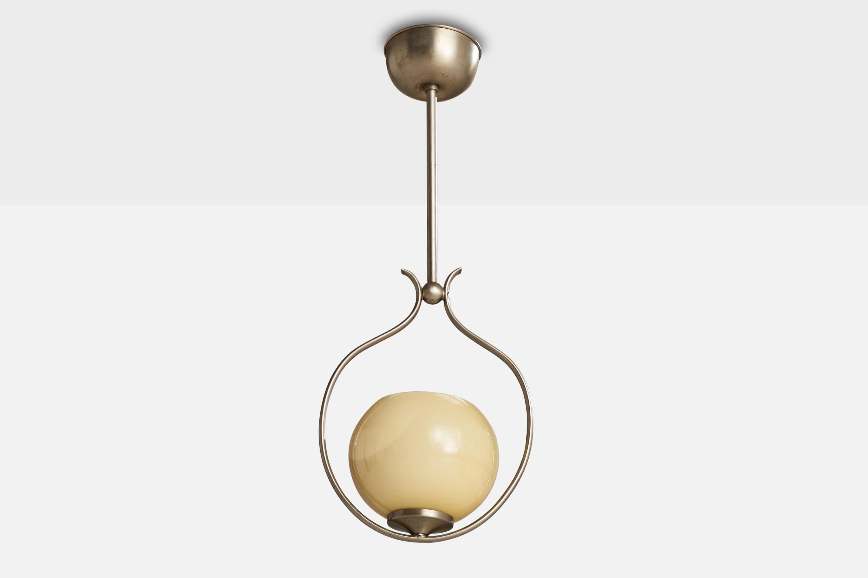 A nickel and light beige opaline glass pendant designed and produced in Sweden, c. 1930s.

Overall Dimensions (inches): 20 ” H x  8” W x 5