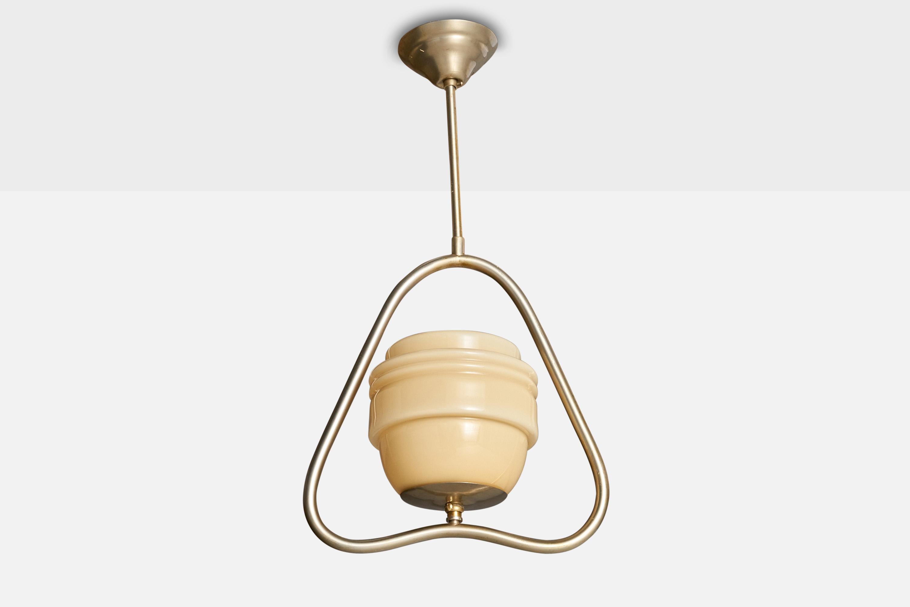 A nickel and opaline glass pendant light designed and produced in Sweden, c. 1930s.

Overall Dimensions (inches): 21” H x  11.25” Diameter
Dimensions of Canopy:  3.25” H x 4” W x 4” D
Stem length: 8.5” H
Bulb Specifications: E-26  Bulbs
Number of