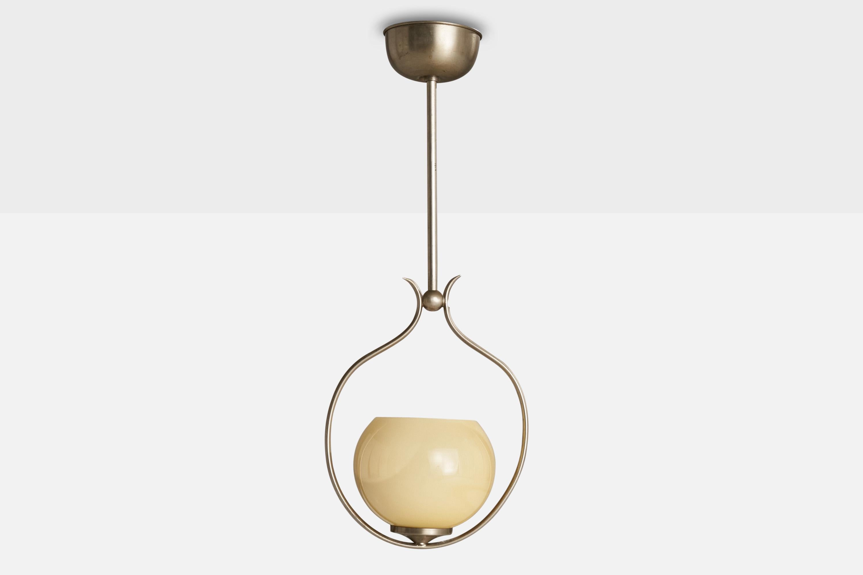 Scandinavian Modern Swedish Designer, Pendant Light, Nickel, Glass, Sweden, 1930s For Sale