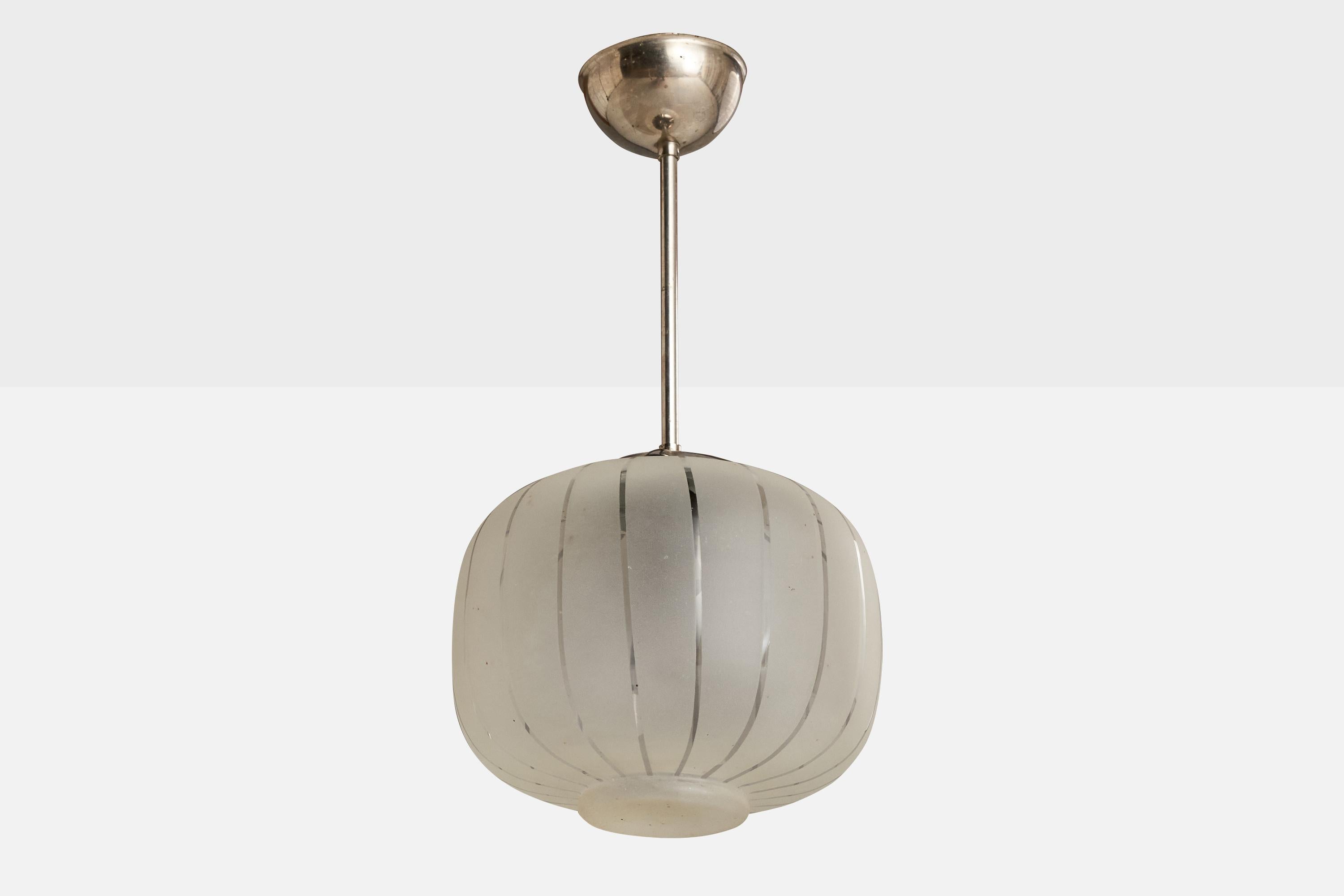 A nickel and etched glass pendant light designed and produced in Sweden, c. 1940s.

Overall Dimensions (inches): 18.75” H x  9.25” Diameter
Dimensions of Canopy: 2.375 ” H x 4.125” W x 4.125” D
Stem length: 7.5”H
Bulb Specifications: E-26 