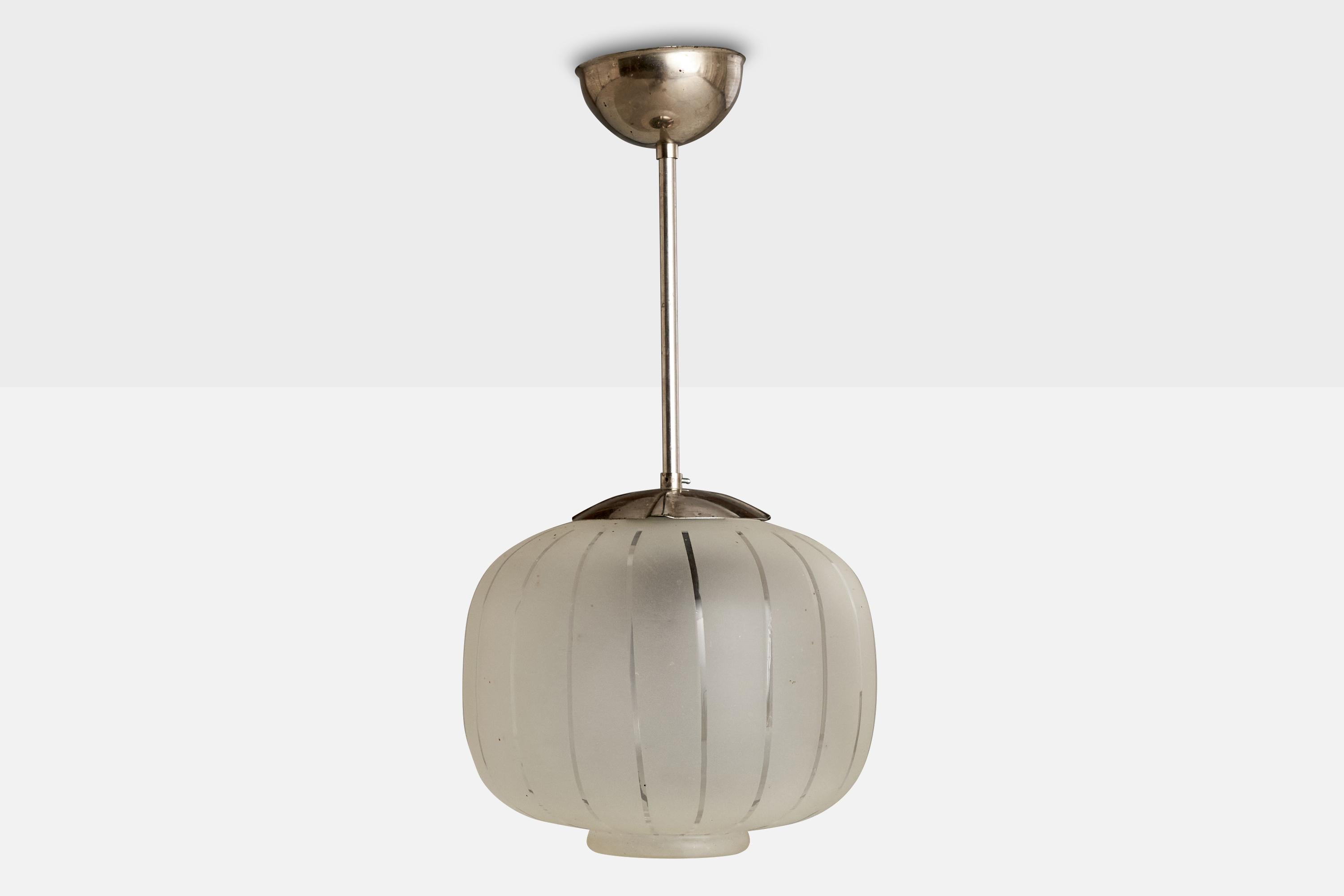 Scandinavian Modern Swedish Designer, Pendant Light, Nickel, Glass, Sweden, 1940s For Sale