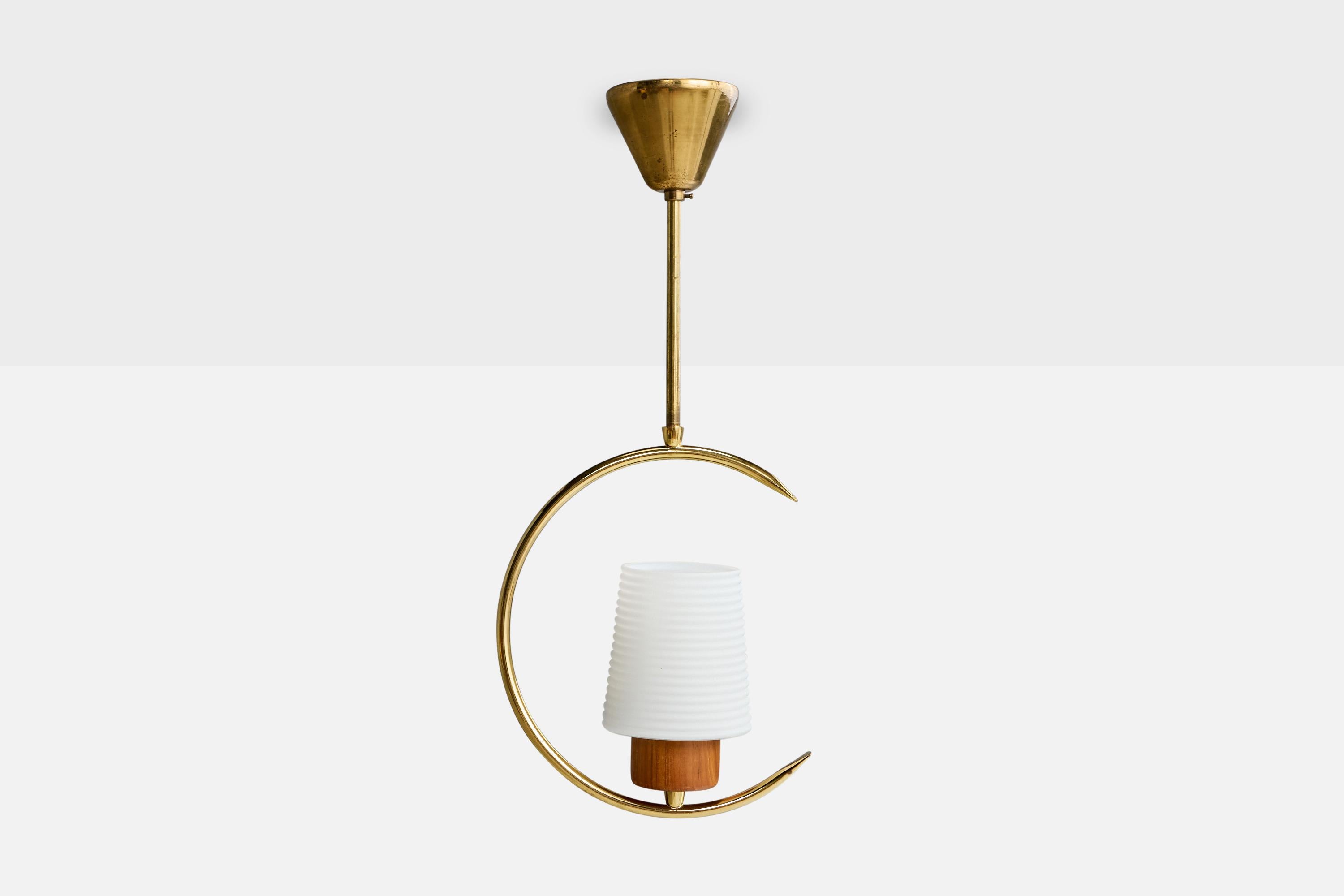 Laiton Design/One, lampes de suspension, laiton, teck, verre, Suède, années 1950 en vente