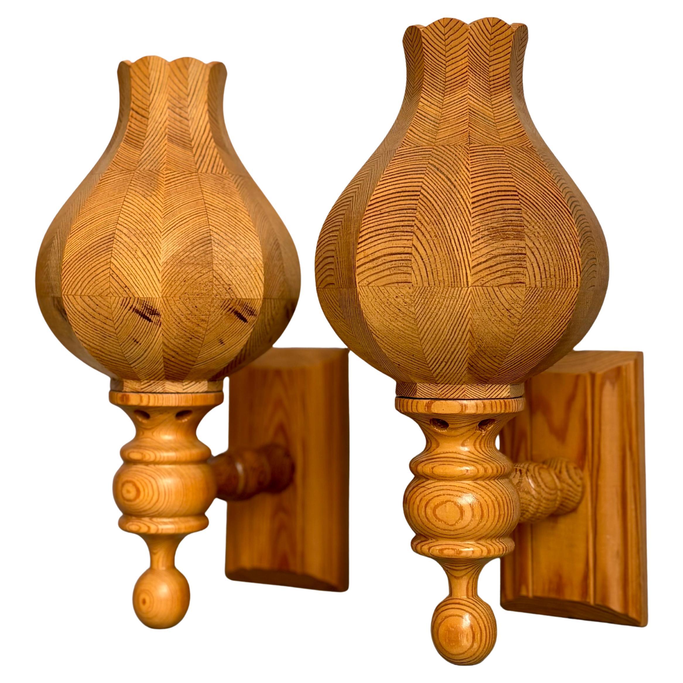 Scandinavian Modern Pine Wood Wall Lights, Hand-Carved, Sweden, 1970s For Sale