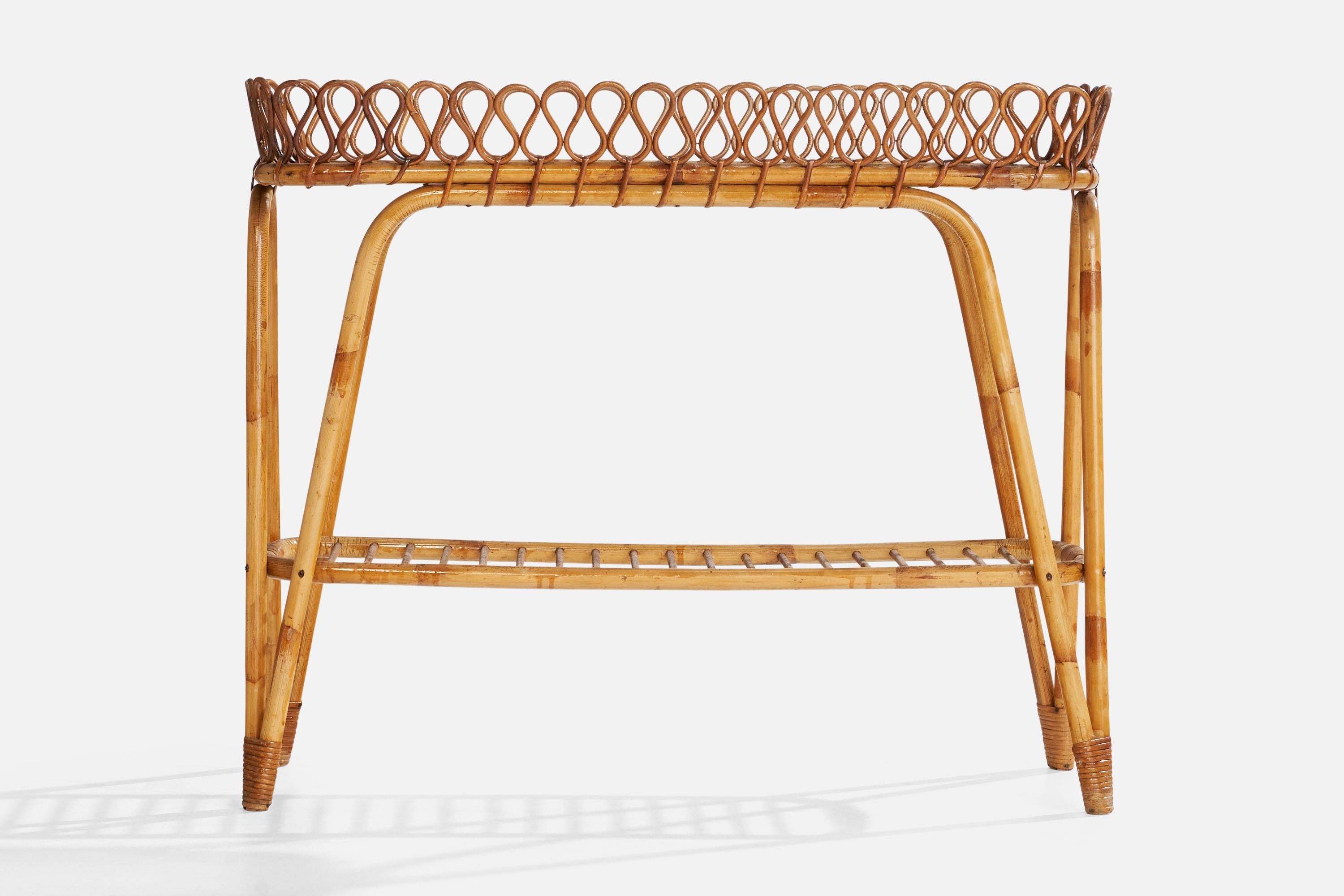 Schwedischer Designer, Pflanzenständer, Bambus, Rattan, Glas, Schweden, 1950er Jahre (Mitte des 20. Jahrhunderts) im Angebot