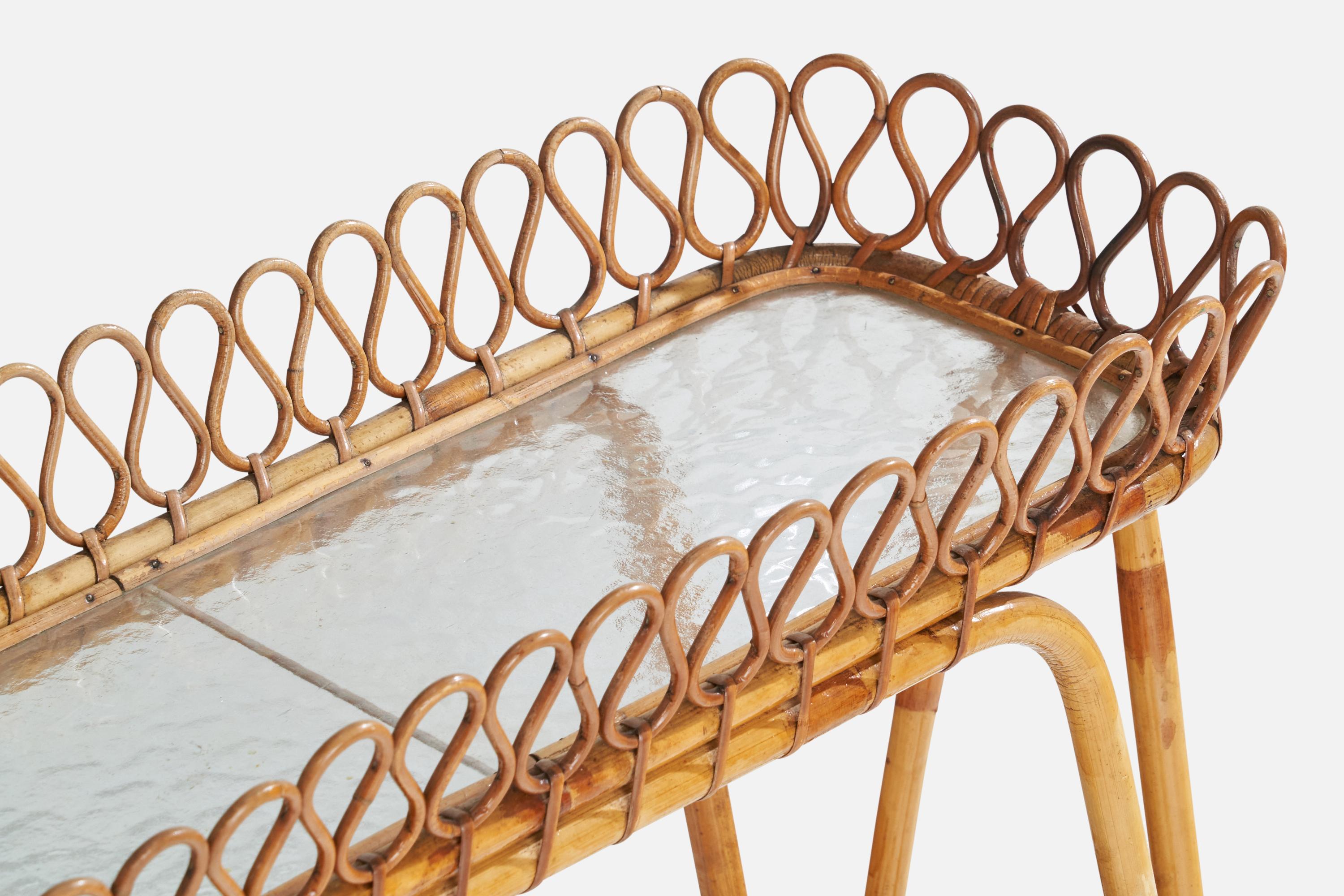 Schwedischer Designer, Pflanzenständer, Bambus, Rattan, Glas, Schweden, 1950er Jahre im Angebot 1