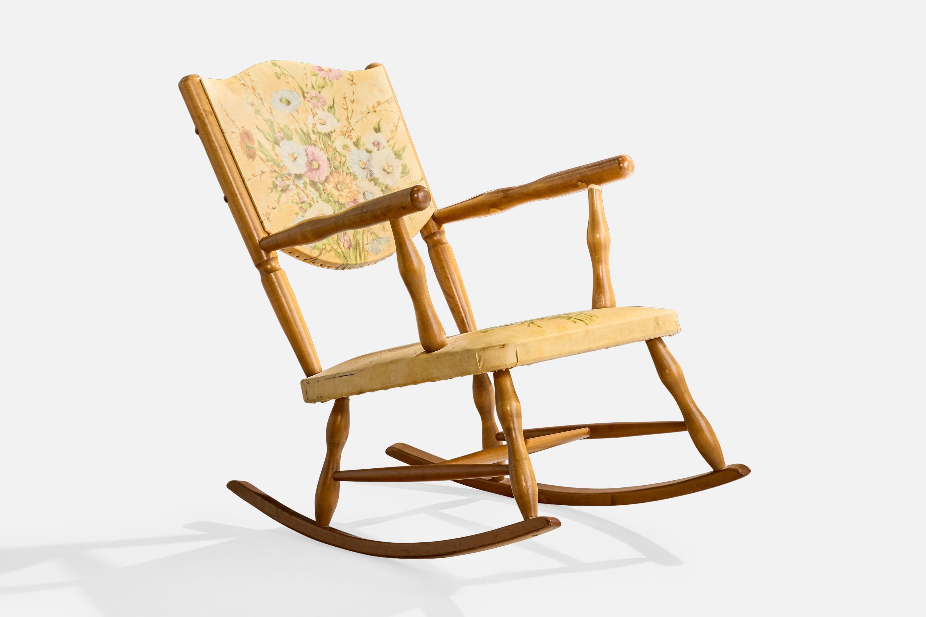 Scandinavo moderno Designer svedese, sedia a dondolo, betulla, similpelle, Svezia, anni '40 in vendita