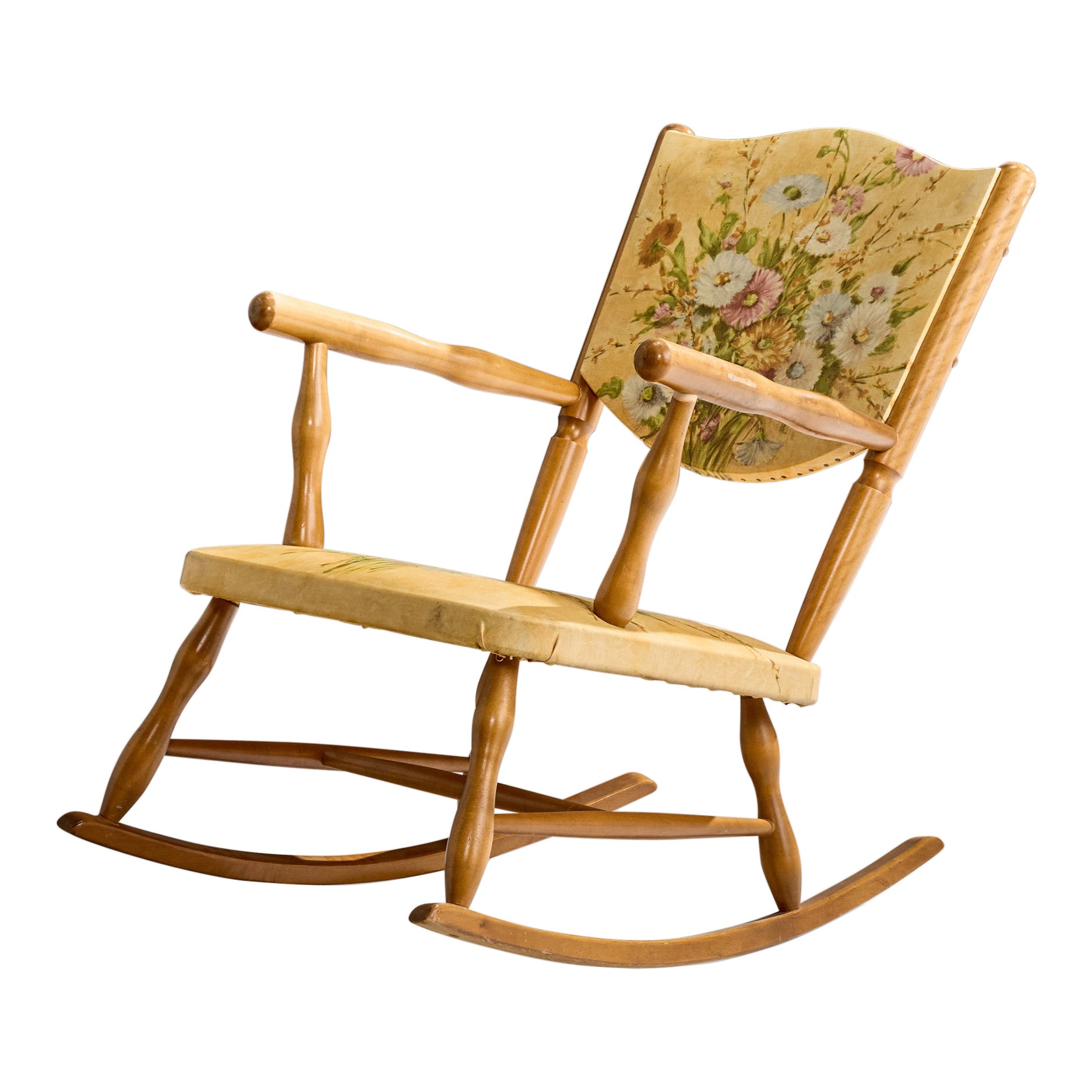 Chaise à bascule de designer suédois, bouleau, simili cuir, Suède, années 1940