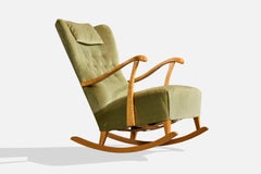 Schwedischer Designer, Schaukelstuhl, Birke, Samt, Schweden, 1940er Jahre