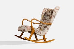 Swedish Designer, Rocking Chair, Oak, Fabric, Sweden, 1940s