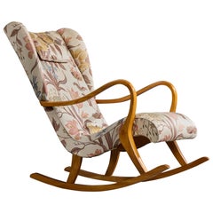 Swedish Designer, Rocking Chair, Oak, Fabric, Sweden, 1940s