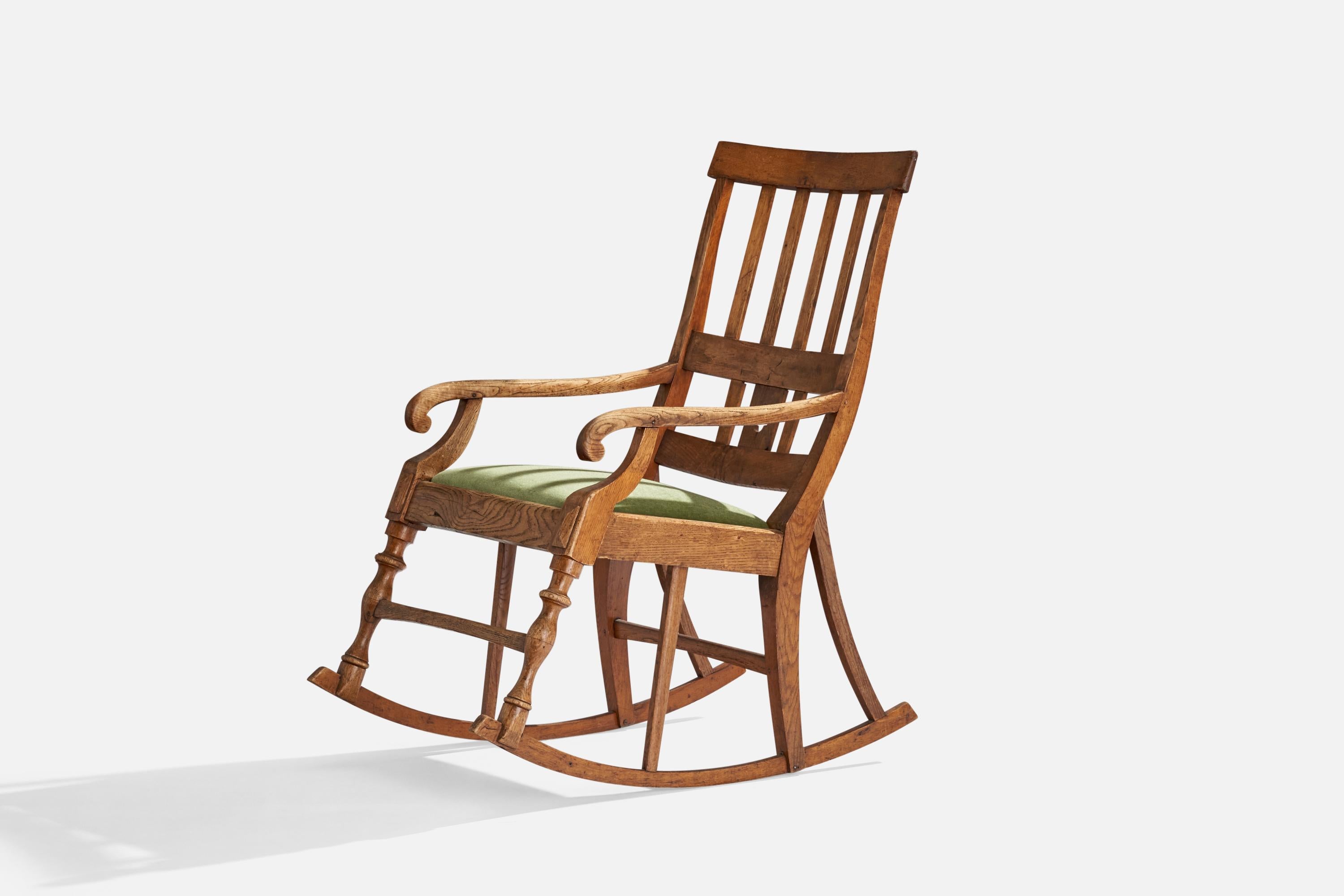 Arts and Crafts Swedish Designer, Rocking Chair, Oak, Mohair, Sweden, 1910s For Sale