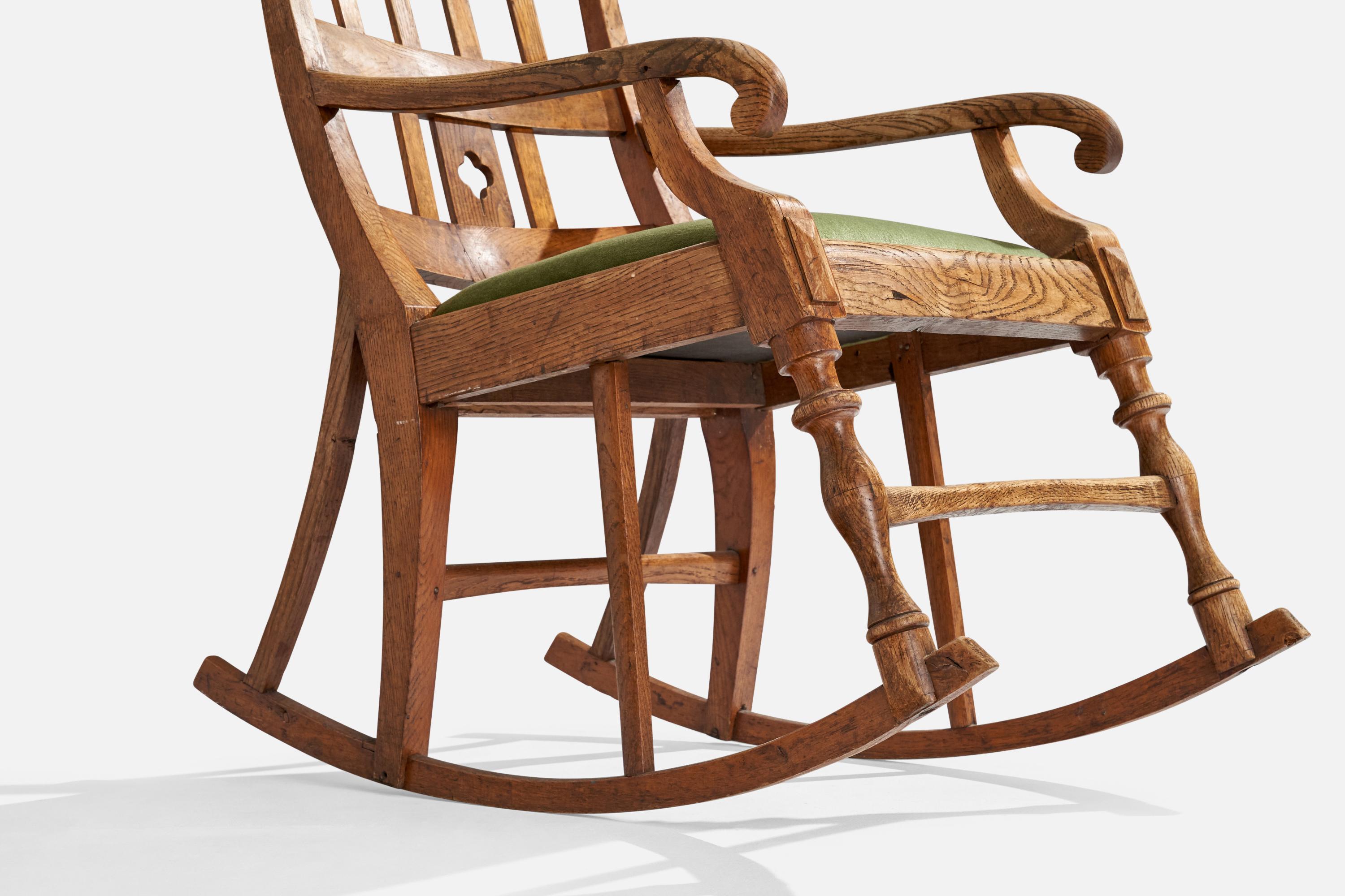 Early 20th Century Swedish Designer, Rocking Chair, Oak, Mohair, Sweden, 1910s For Sale