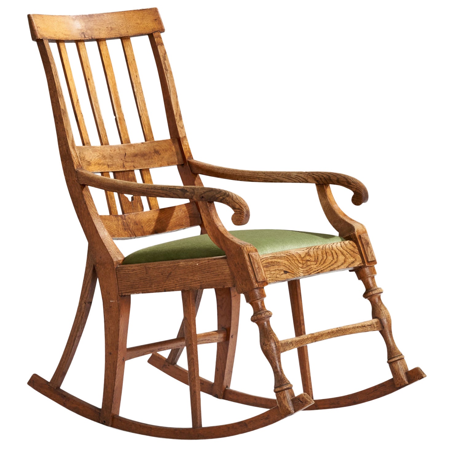 Designer suédois, chaise à bascule, chêne, mohair, Suède, années 1910