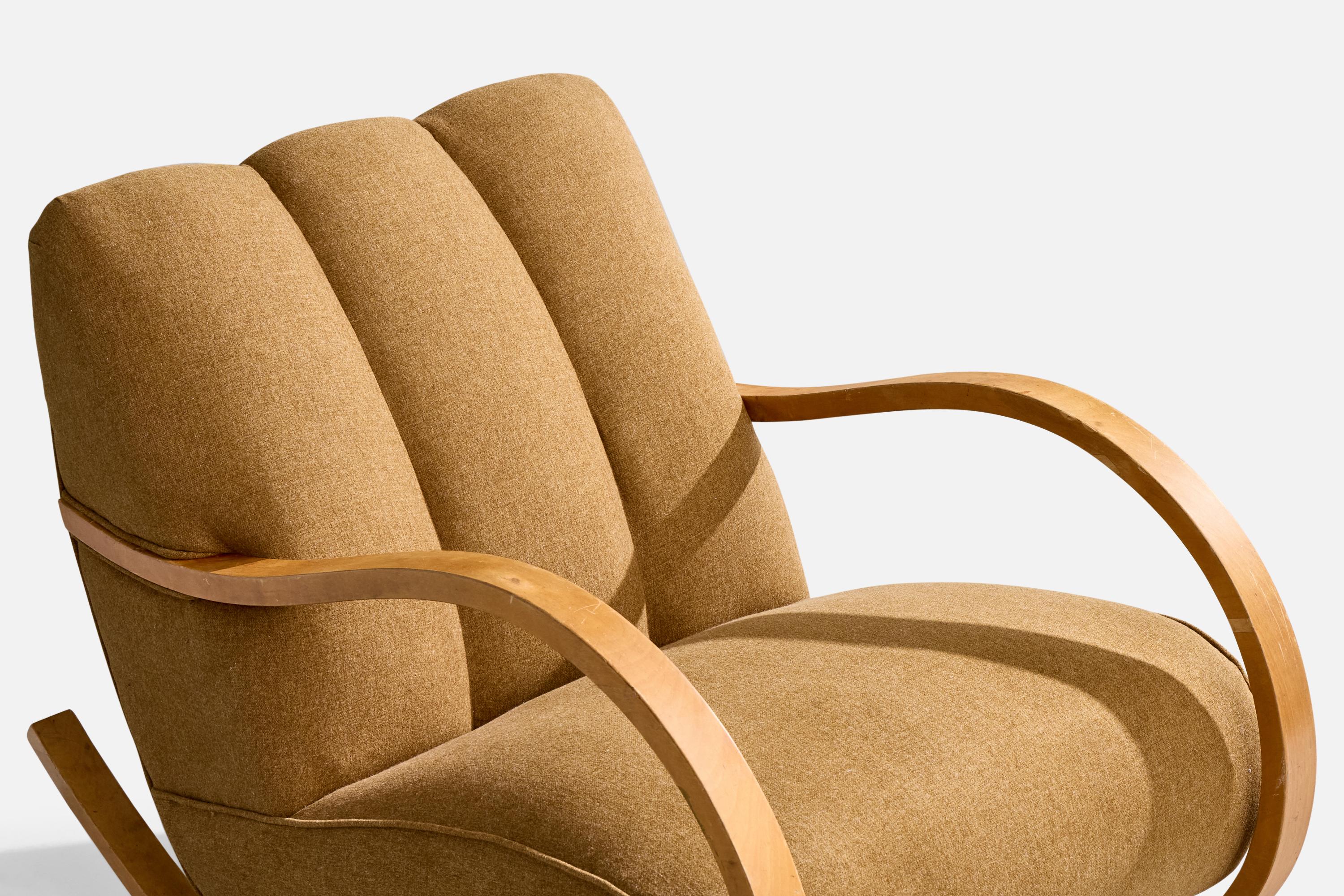 Schwedischer Designer, Schaukelstuhl, Holz, Stoff, Schweden, 1940er Jahre im Angebot 5