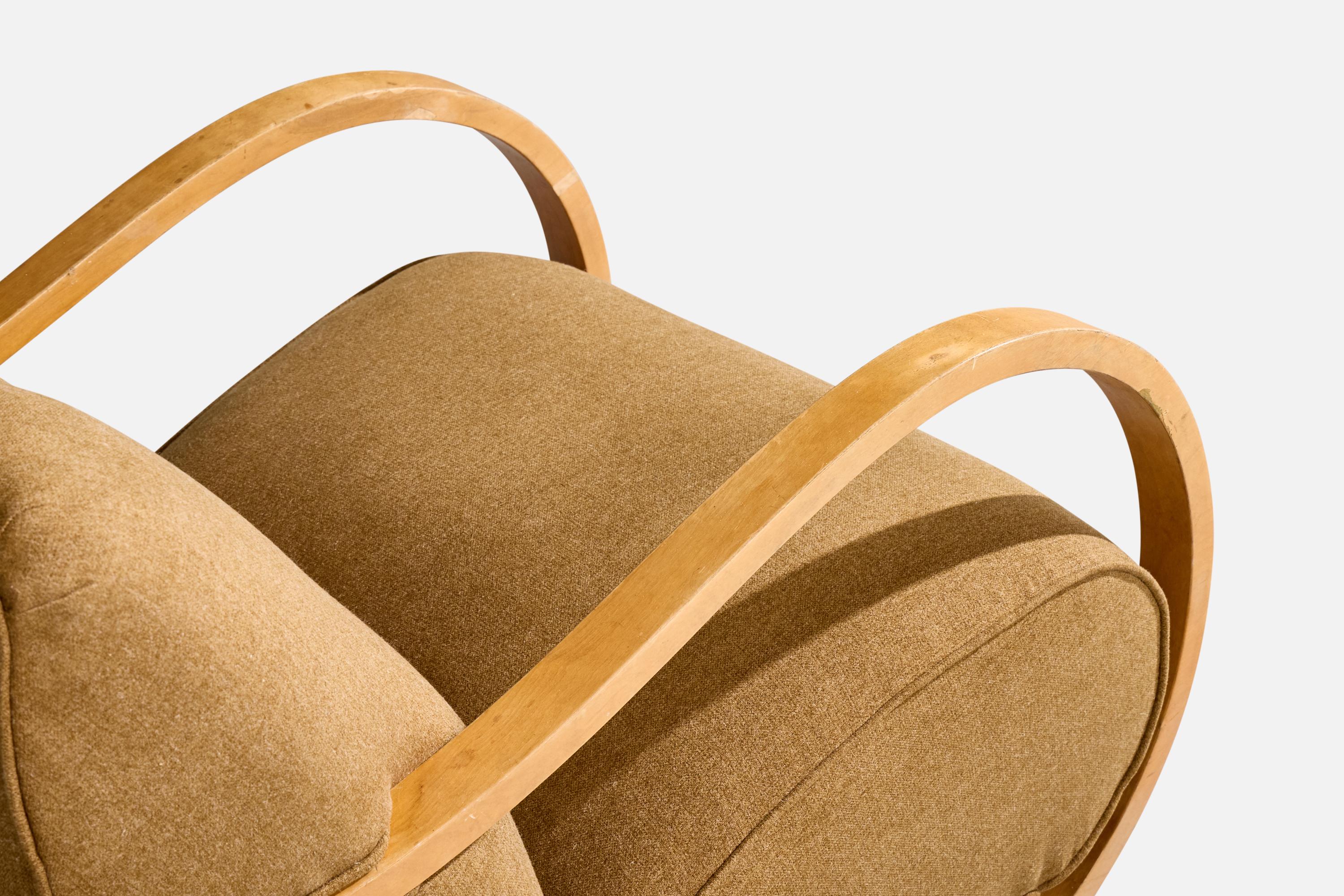 Schwedischer Designer, Schaukelstuhl, Holz, Stoff, Schweden, 1940er Jahre im Angebot 7