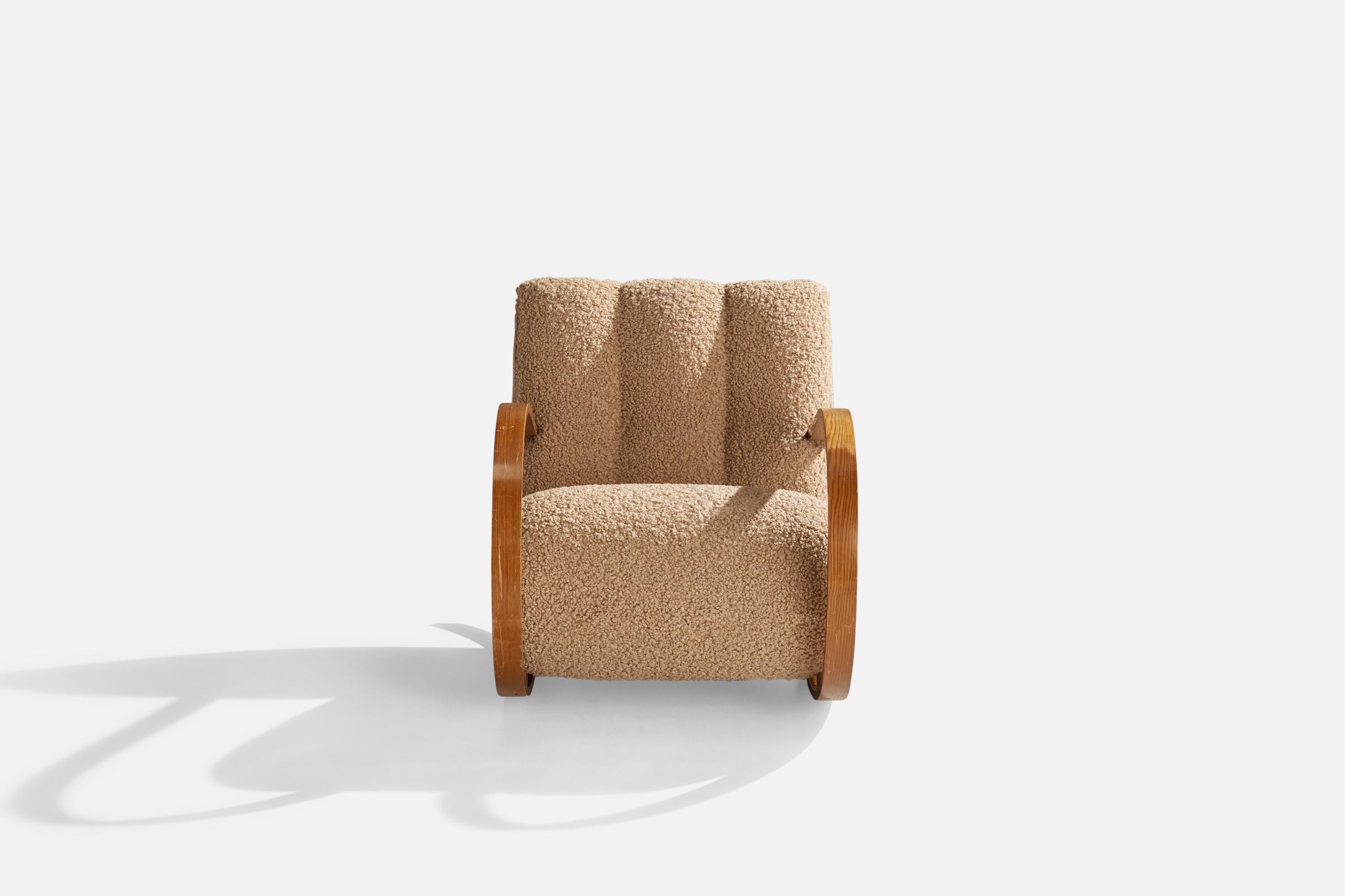 Scandinavian Modern Swedish Designer, Rocking Chair, Wood, Fabric, Sweden, 1940s For Sale