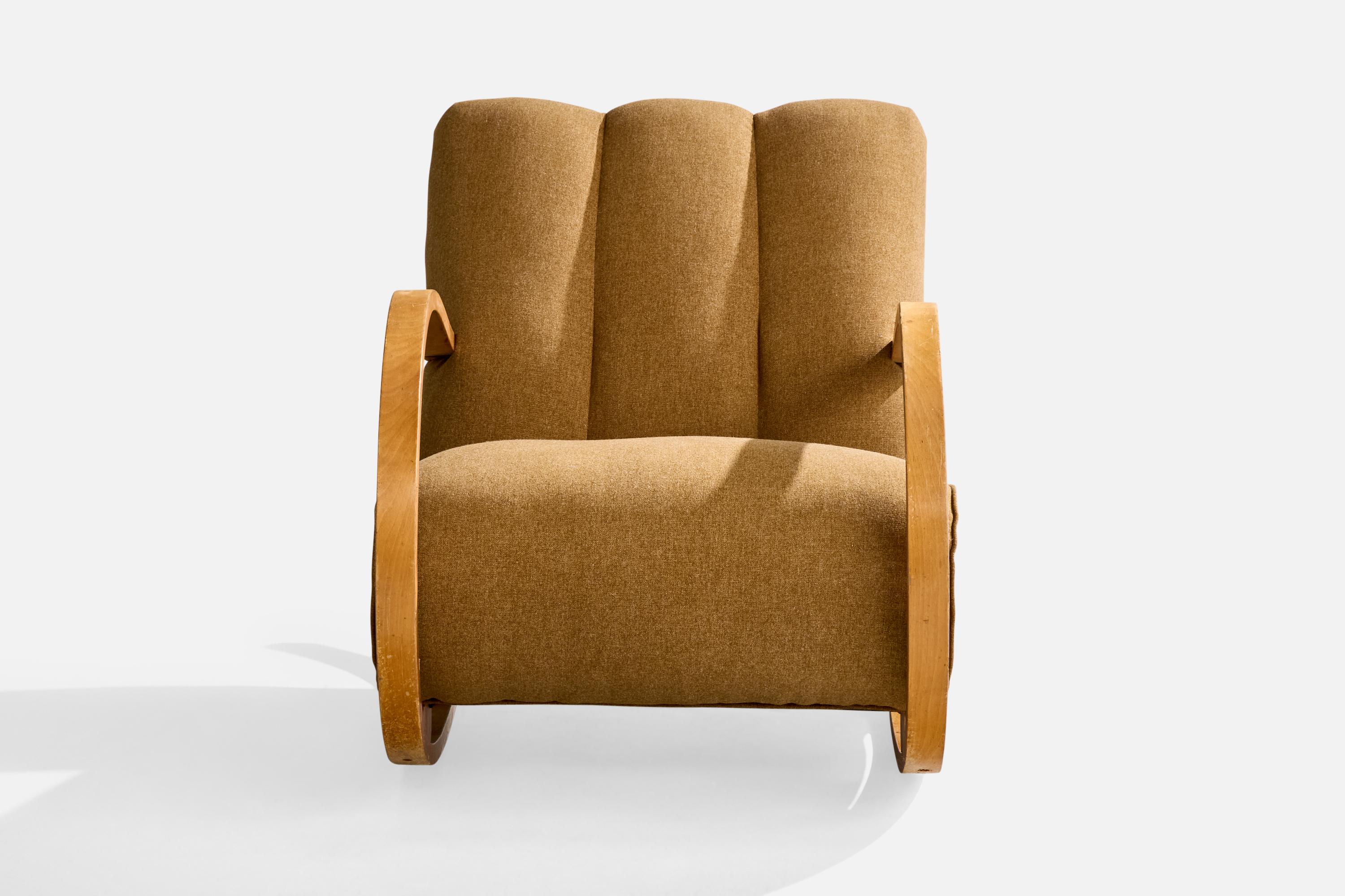 Schwedischer Designer, Schaukelstuhl, Holz, Stoff, Schweden, 1940er Jahre im Angebot 1