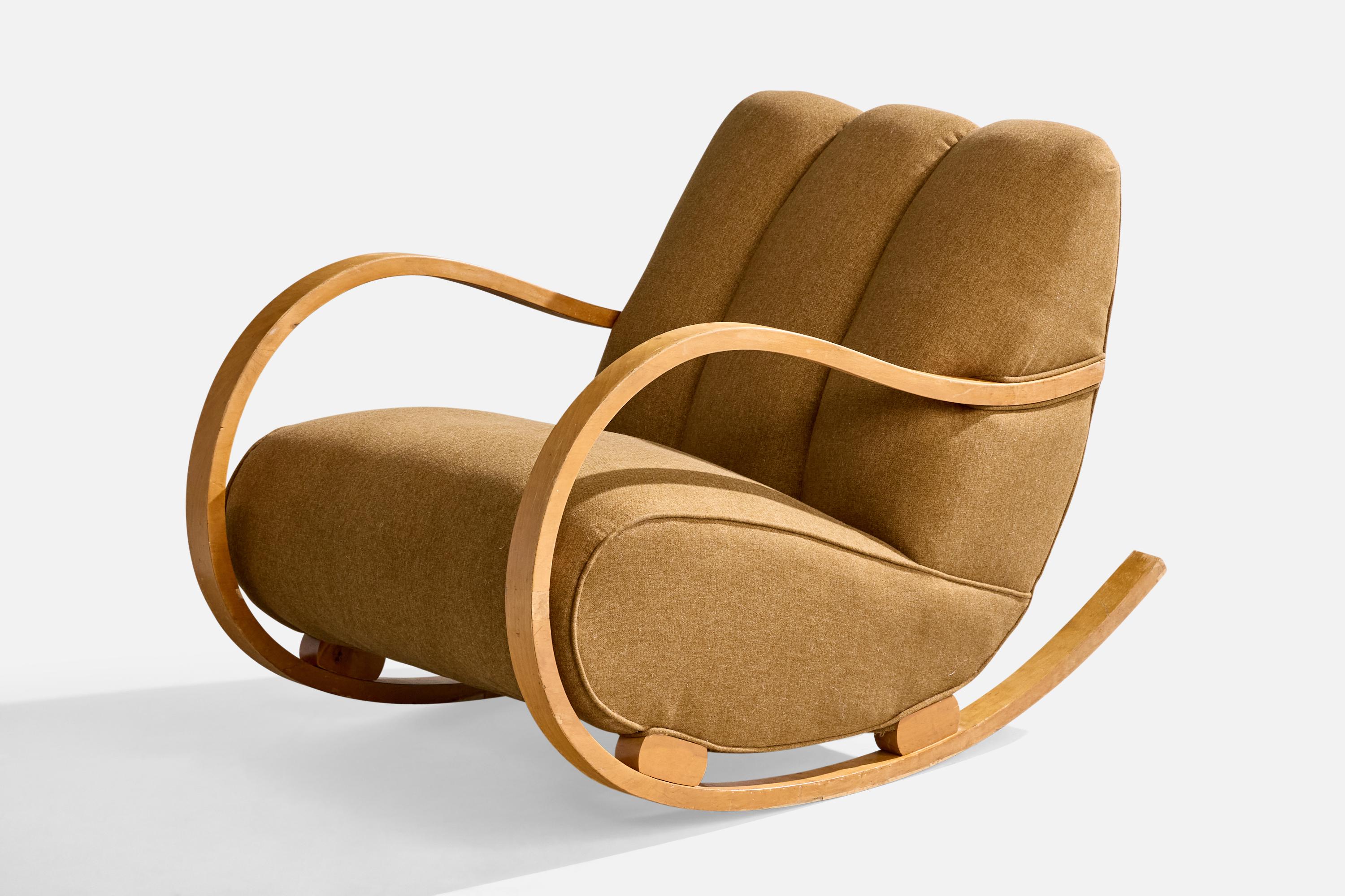 Schwedischer Designer, Schaukelstuhl, Holz, Stoff, Schweden, 1940er Jahre im Angebot 2