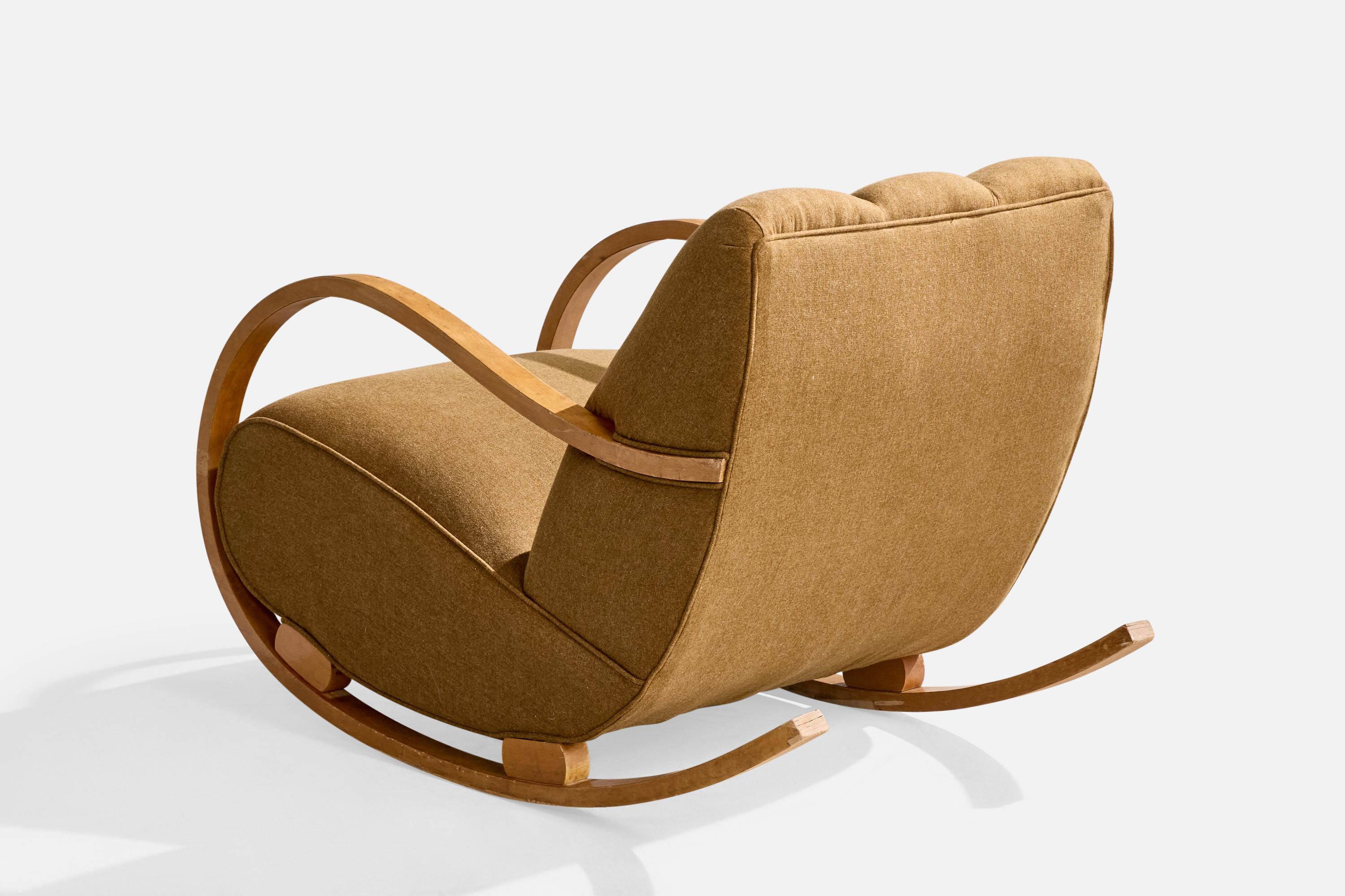 Schwedischer Designer, Schaukelstuhl, Holz, Stoff, Schweden, 1940er Jahre im Angebot 3