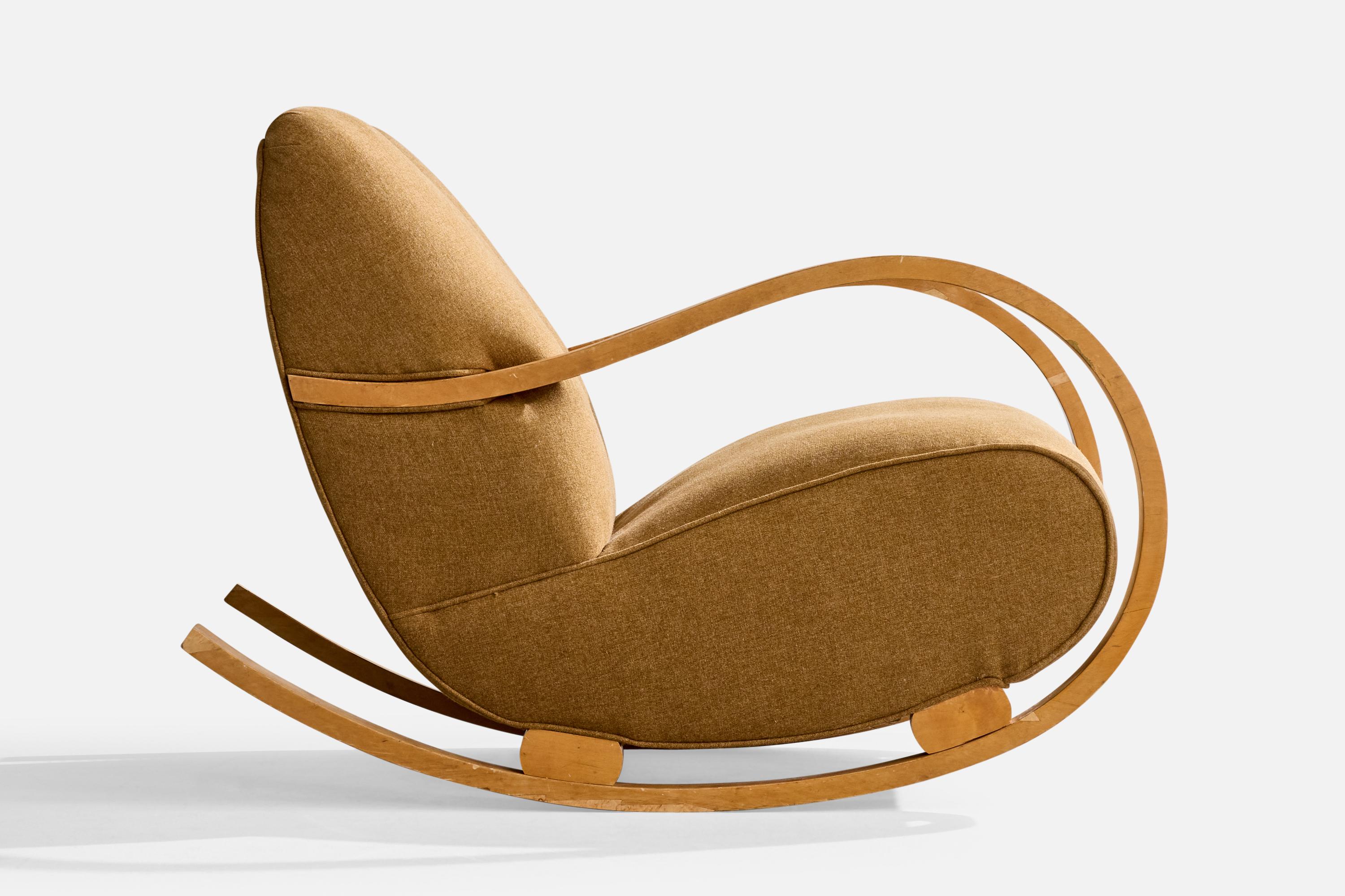 Schwedischer Designer, Schaukelstuhl, Holz, Stoff, Schweden, 1940er Jahre im Angebot 4