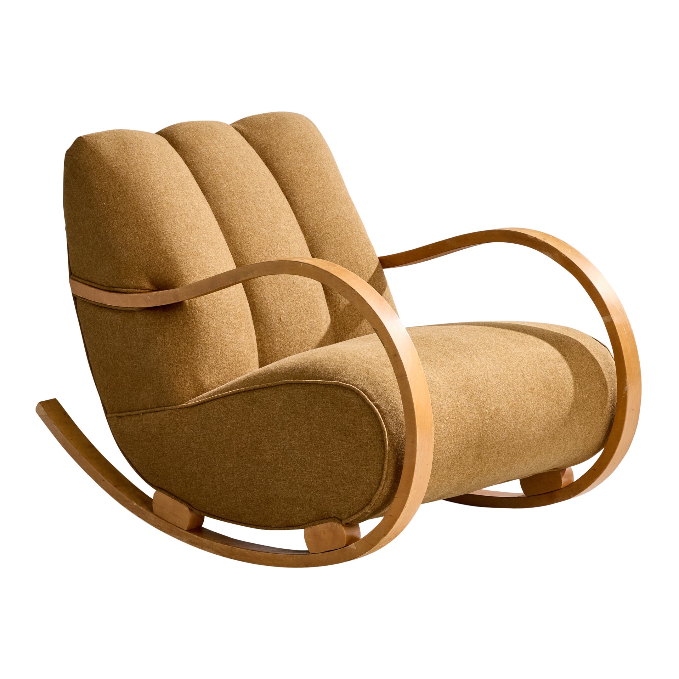 Schwedischer Designer, Schaukelstuhl, Holz, Stoff, Schweden, 1940er Jahre im Angebot