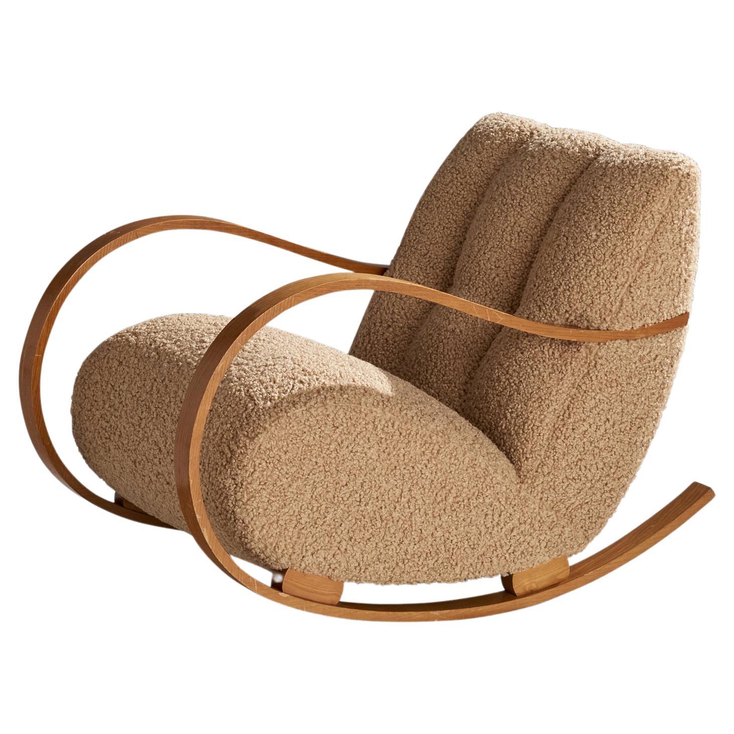 Swedish Designer, Rocking Chair, Wood, Fabric, Sweden, 1940s For Sale