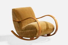 Swedish Designer, Rocking Chair, Wood, Velvet, Sweden, 1940s