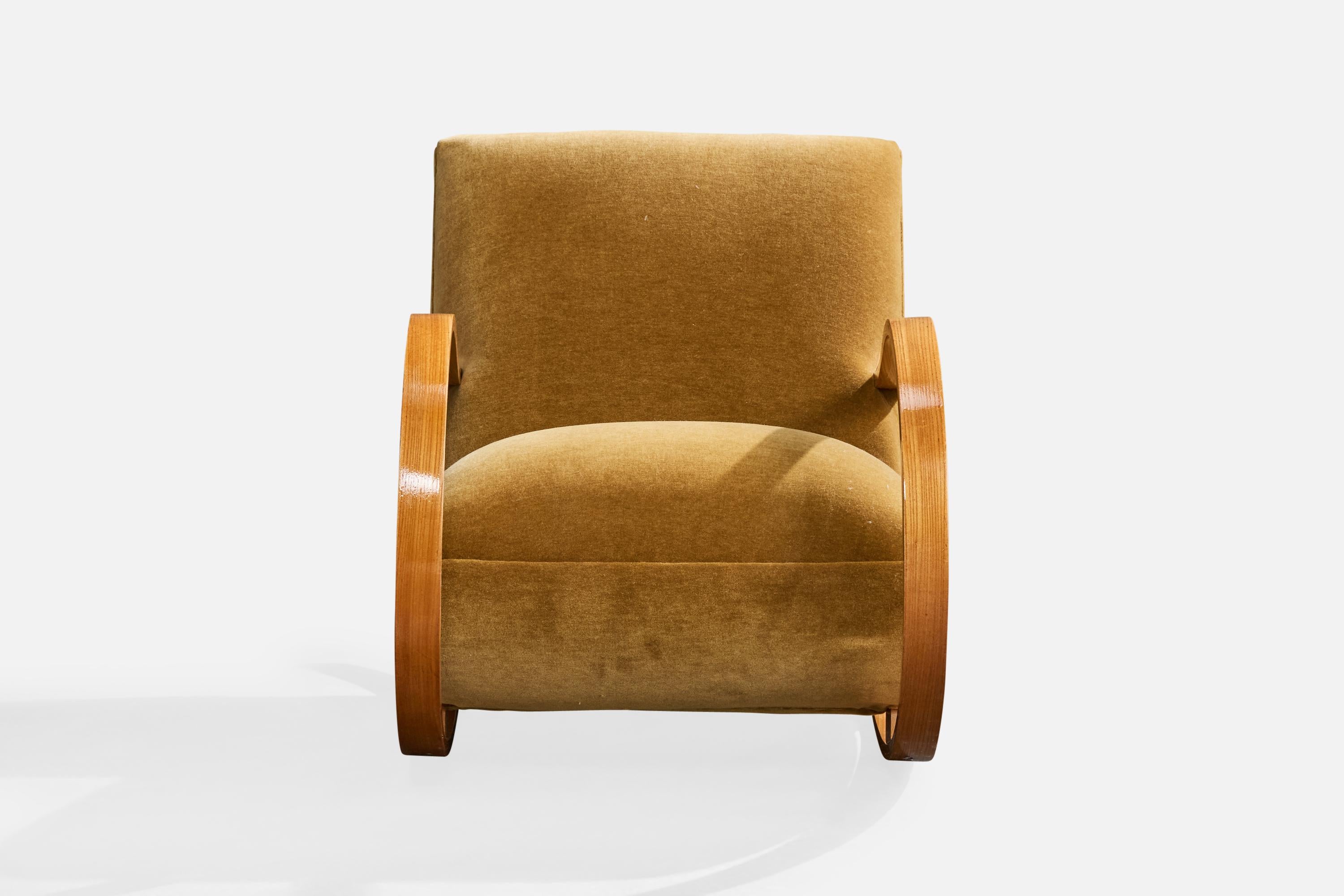 Diseñador sueco, mecedora, madera, terciopelo, Suecia, años 40 Escandinavo moderno en venta