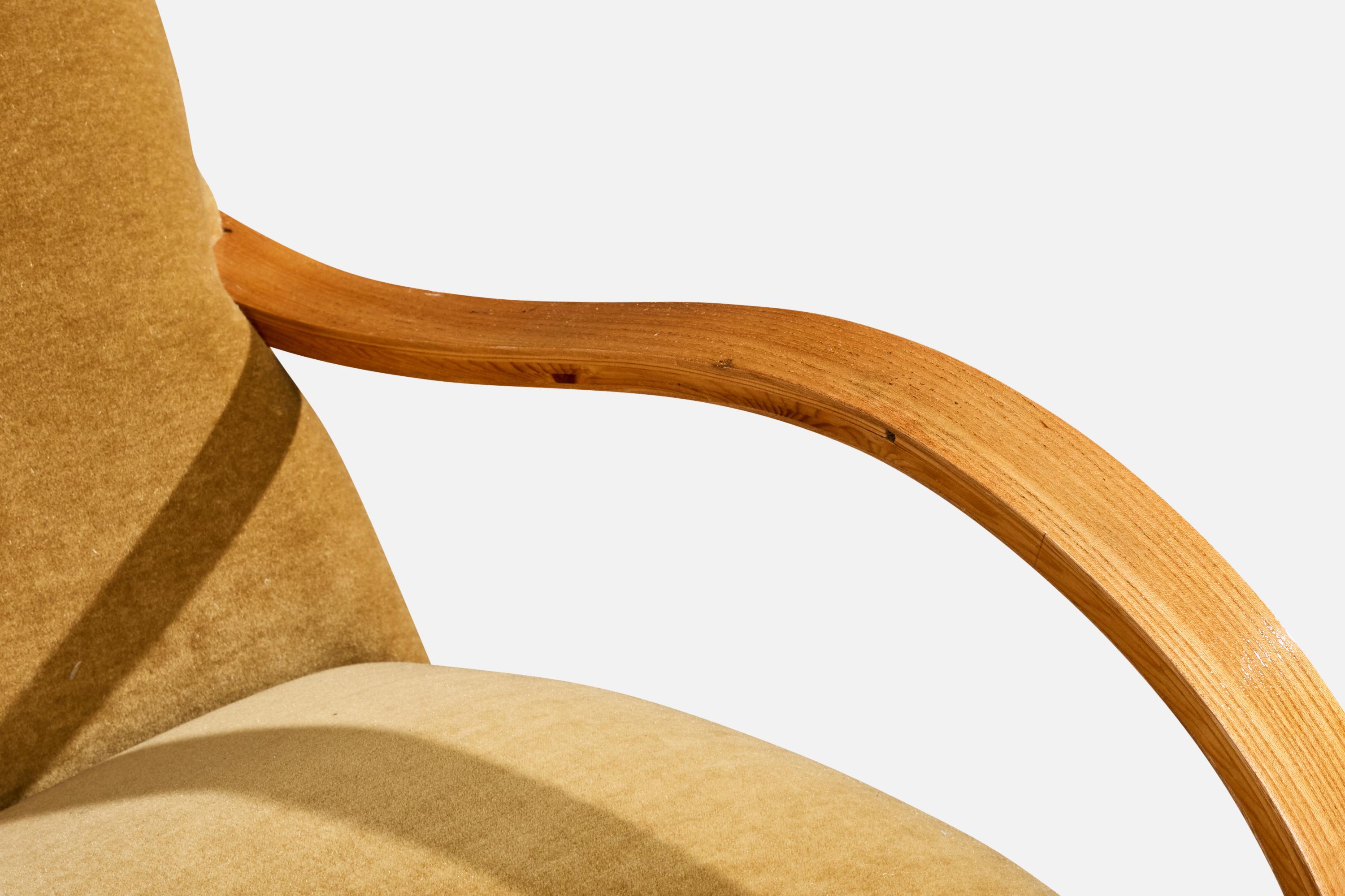 Diseñador sueco, mecedora, madera, terciopelo, Suecia, años 40 en venta 2