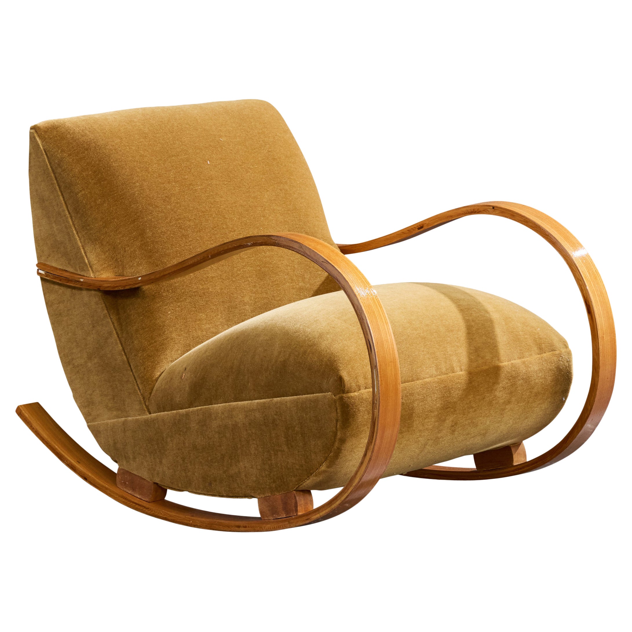 Designer suédois, chaise à bascule, Wood, velours, Suède, années 1940