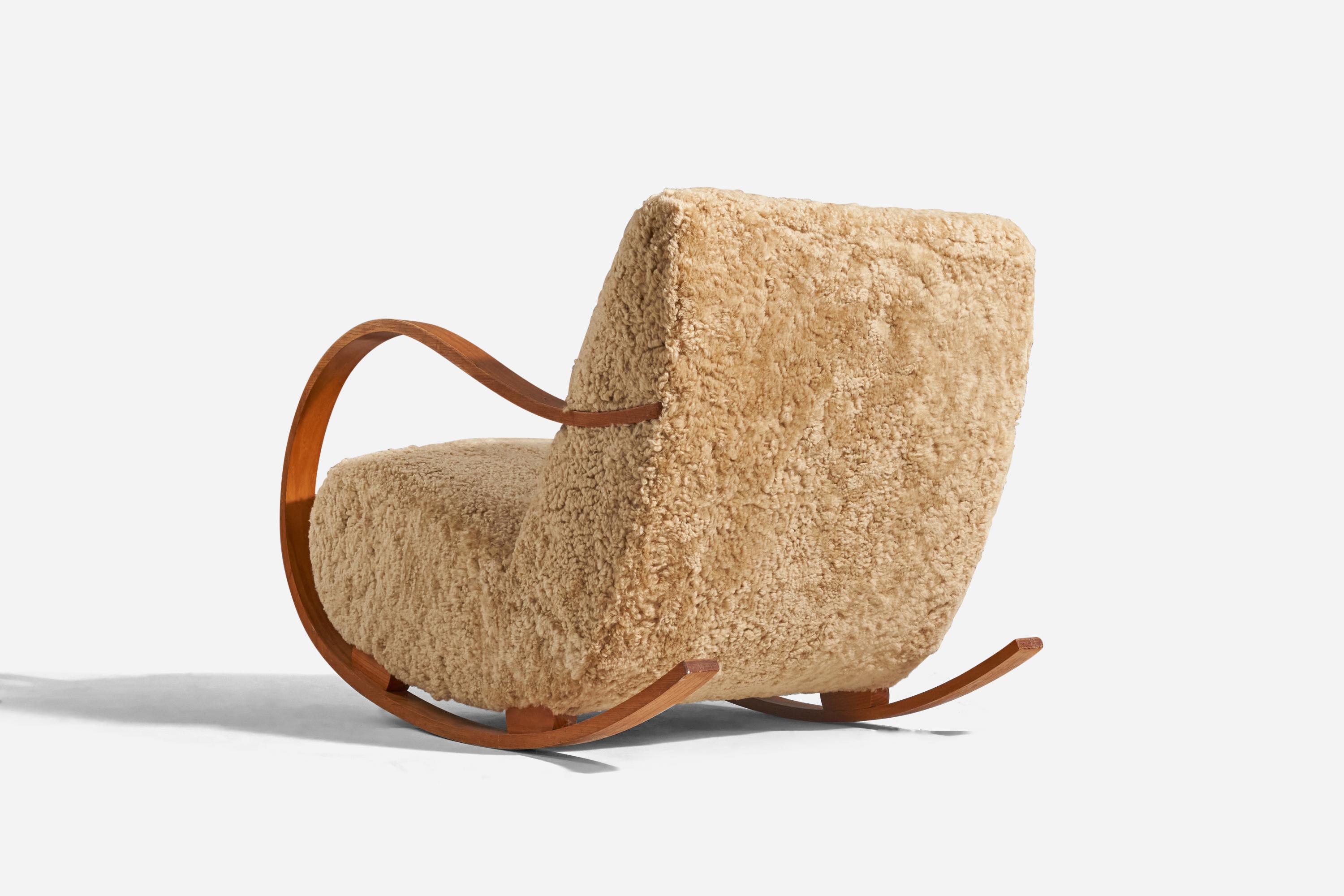 Scandinavian Modern Swedish Designer, Rocking Lounge Chair, Bentwood, Sheepskin, Sweden, 1940s