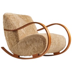 Swedish Designer, Rocking Lounge Chair, Bentwood, Sheepskin, Sweden, 1940s