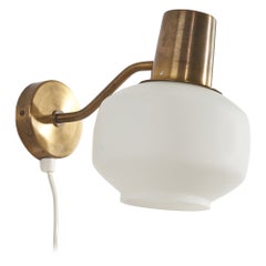 Swedish Designer, Wall Light, Brass, Glass, Sweden, c. 1940s