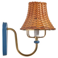 Vintage Swedish Designer, Sconce, Brass, Lacquered Metal, Rattan, Sweden, 1960s