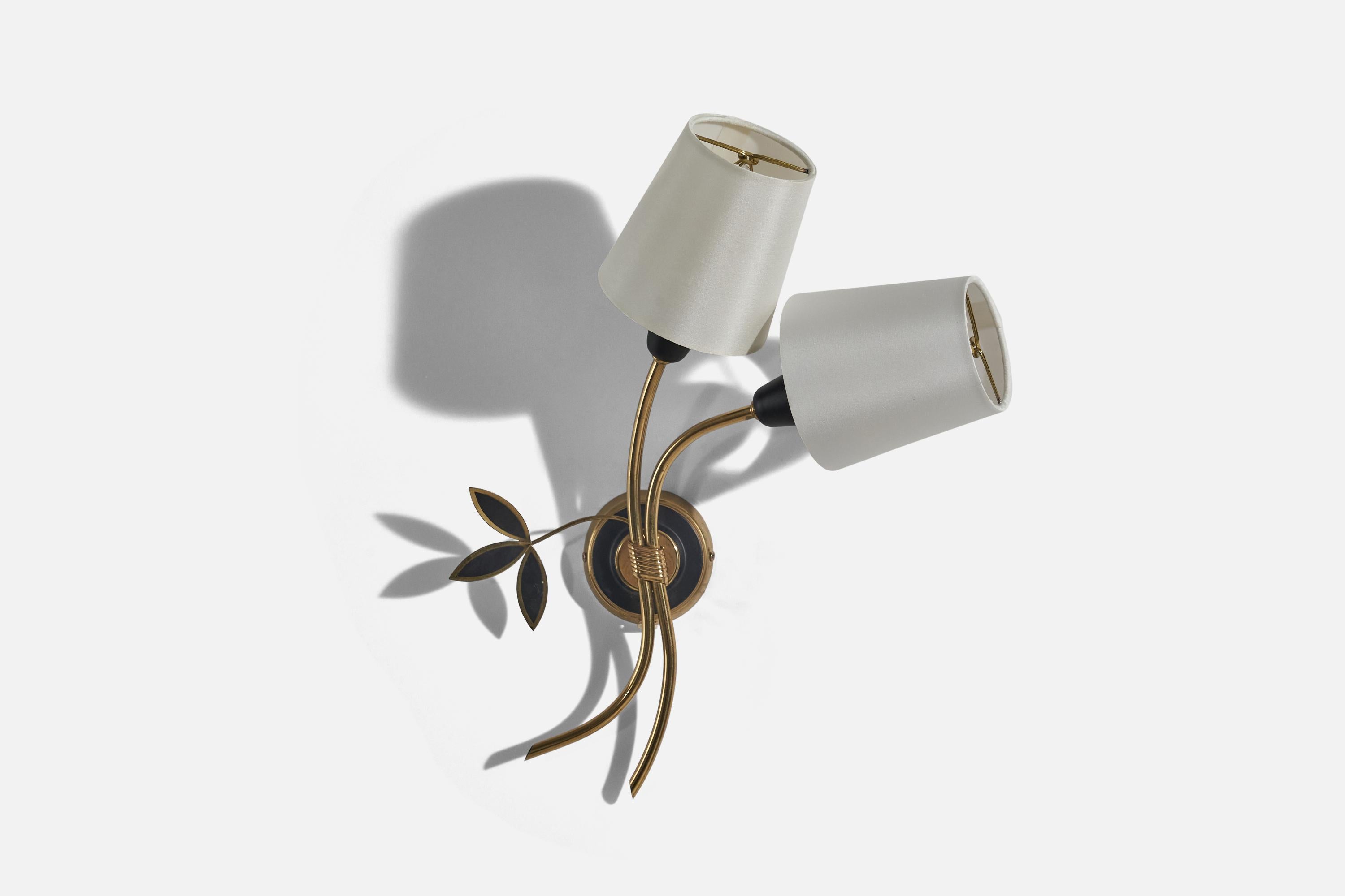 A brass, black-lacquered metal and fabric sconce / wall light designed and produced in Sweden, c. 1950s. 

Sold with Lampshades. 
Stated dimensions refer to the Sconce with the Shade. 
Dimensions of back plate (inches) : 3.2 x 3.2 x 1.05 (height x