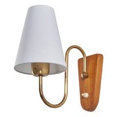 Sconce di design svedese, ottone, Oak, tessuto, Svezia, anni '50