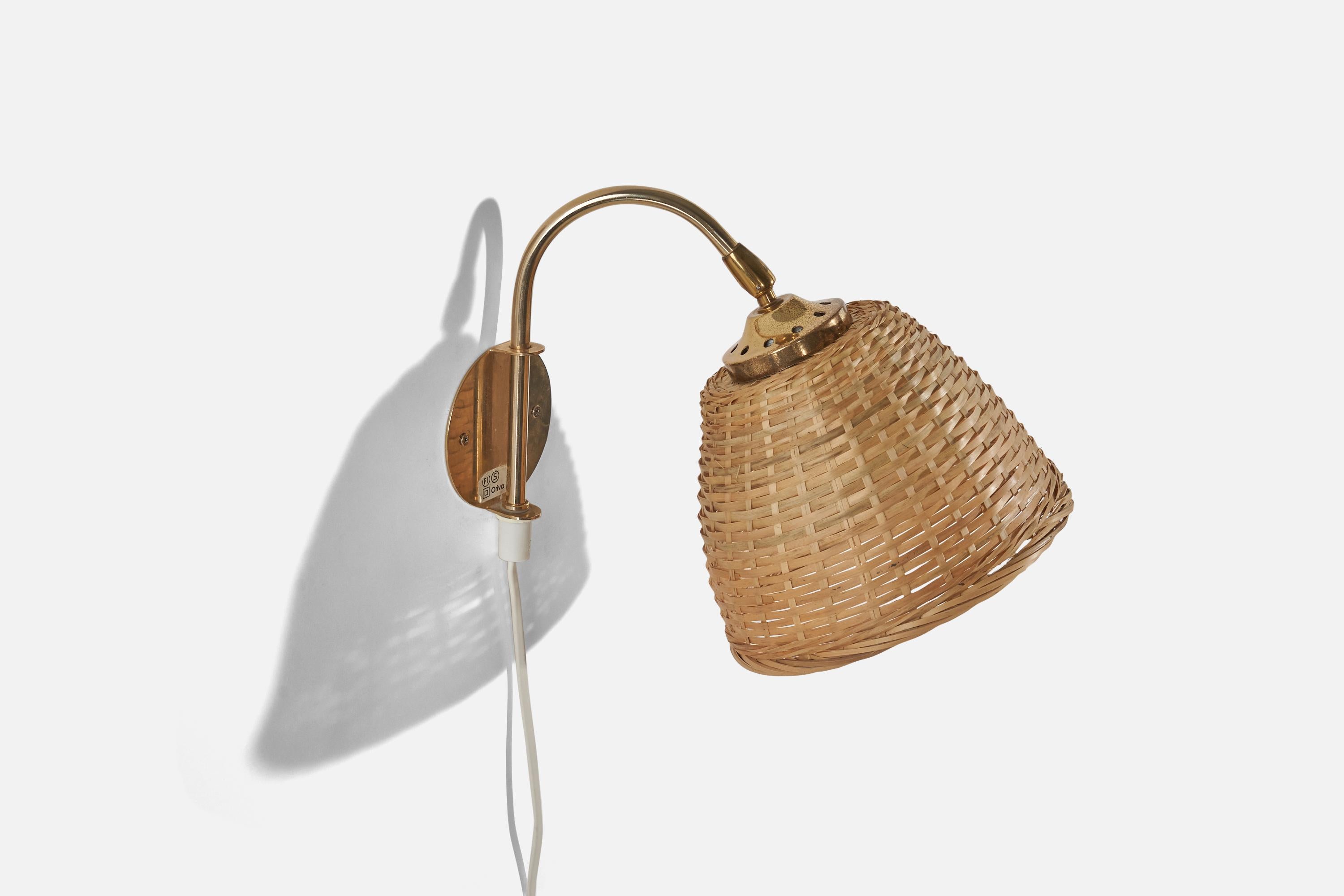 Post-Modern Swedish Designer, Sconce, Brass, Rattan, Sweden, C. 1960s For Sale